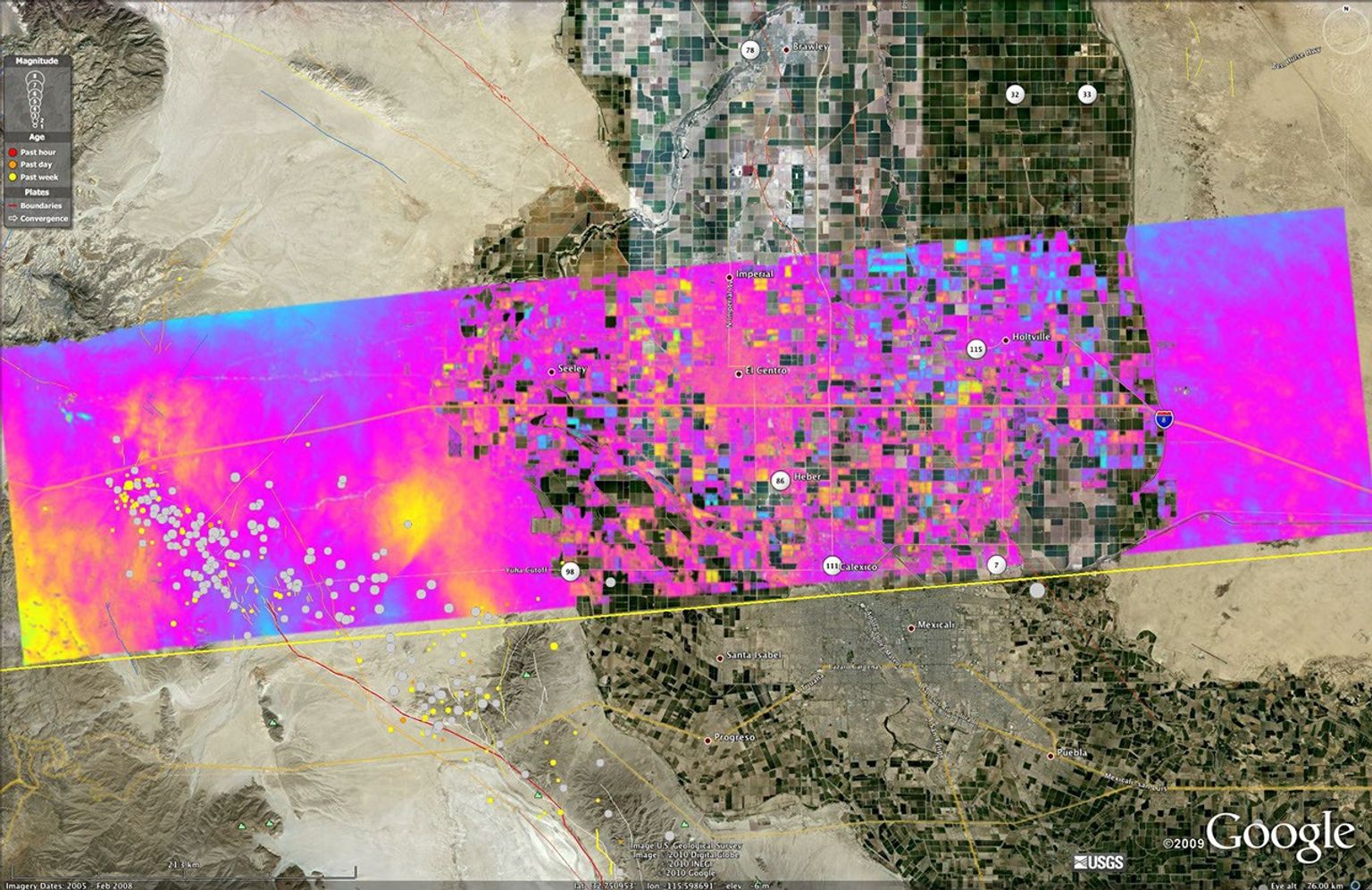 This image shows NASA's UAVSAR interferogram swath overlaid atop a Google Earth image. NASA airborne radar images show the continuing deformation in Earth's surface resulting from the magnitude 7.2 temblor in Baja California on April 4, 2010.