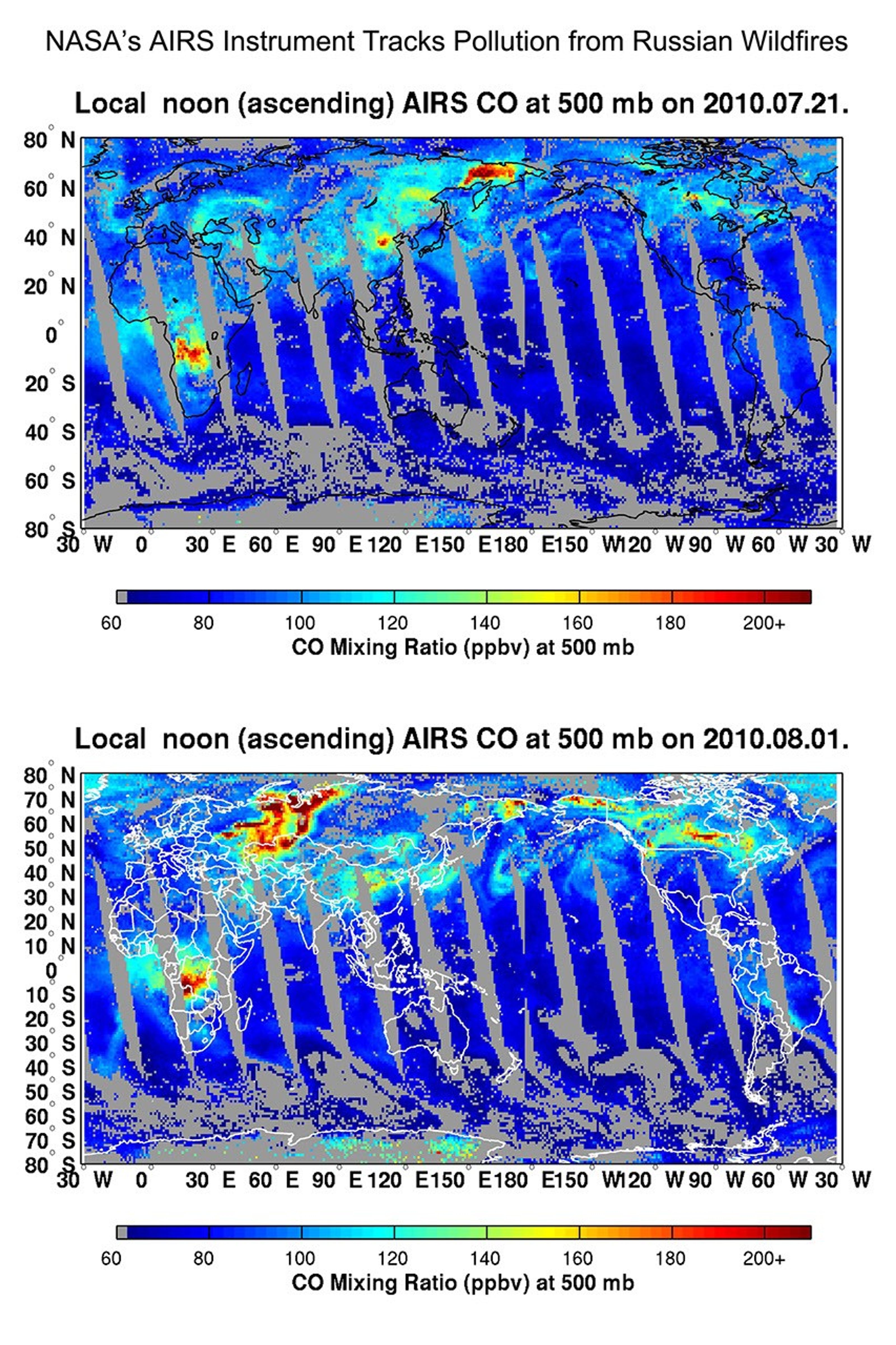 NASA's Aqua spacecraft tracked the concentration and transport of carbon monoxide from Russian fires in 2010, during which time some 558 fires were burning.