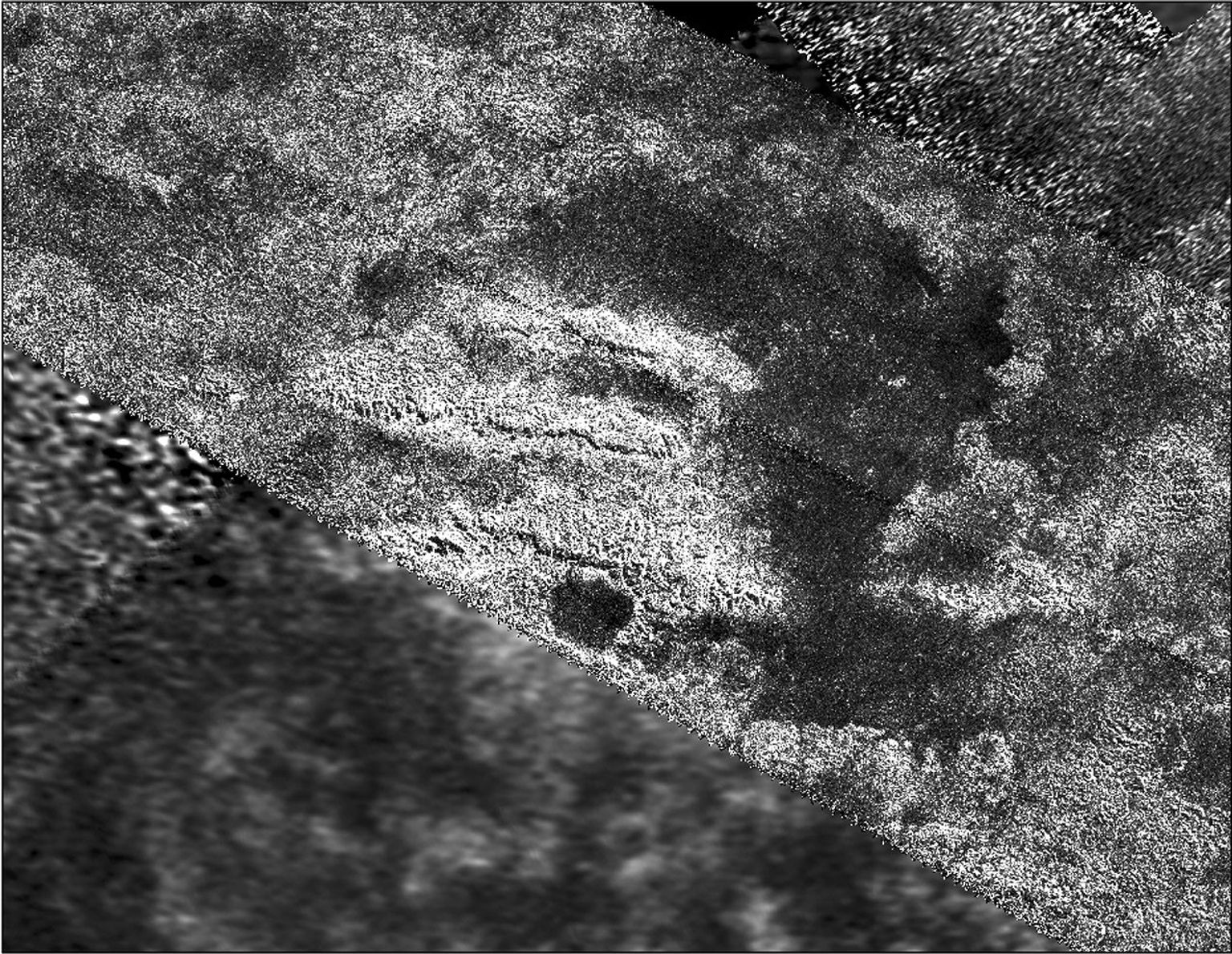 This mosaic, made from radar images obtained by NASA's Cassini spacecraft, shows parallel mountain chains on Saturn's moon Titan. The mountains appear along the northwest border of a region known as Xanadu.