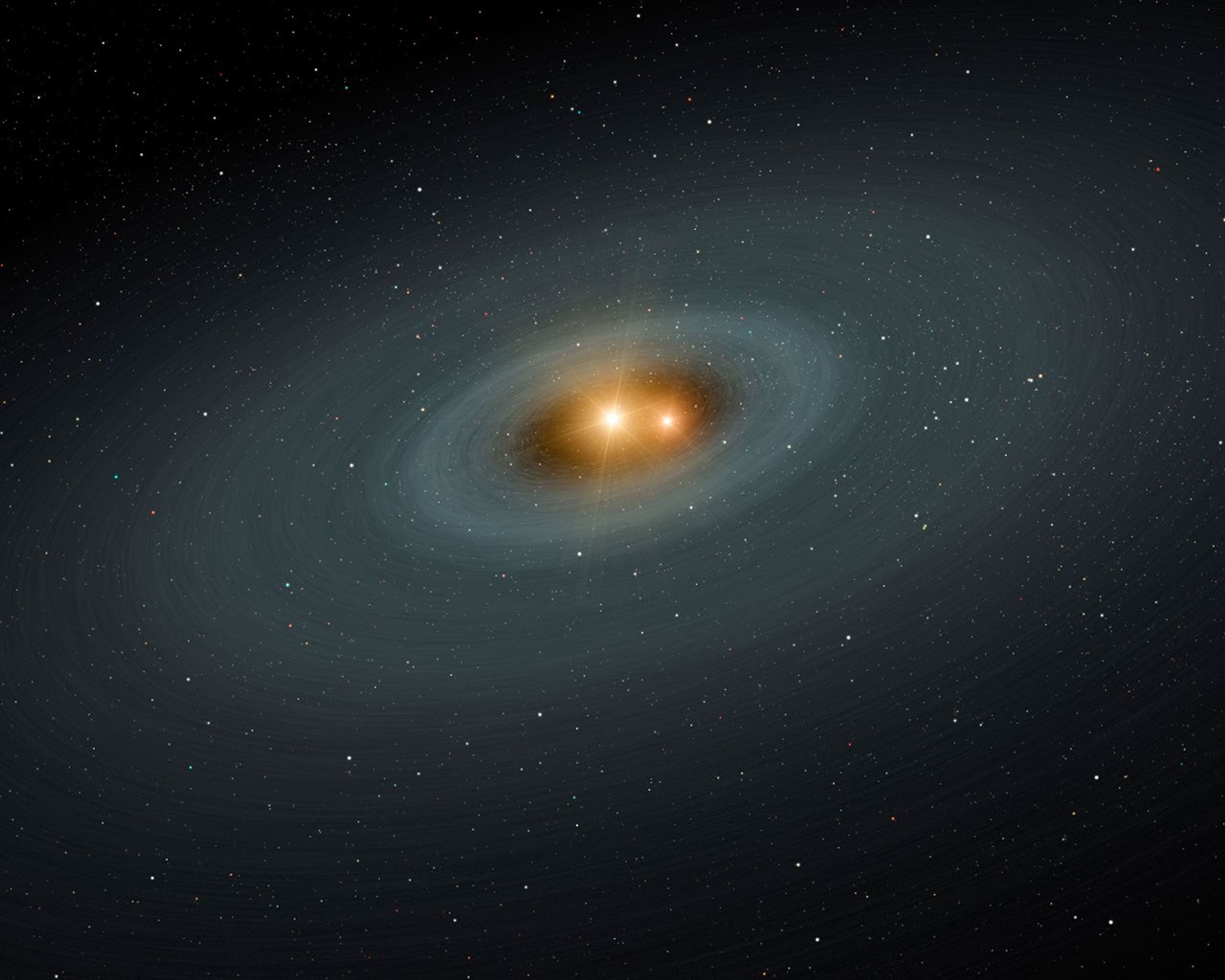 This artist's concept illustrates a tight pair of stars and a surrounding disk of dust, most likely the shattered remains of planetary smashups. Using NASA's Spitzer Space Telescope, the scientists found dusty evidence for such collisions.