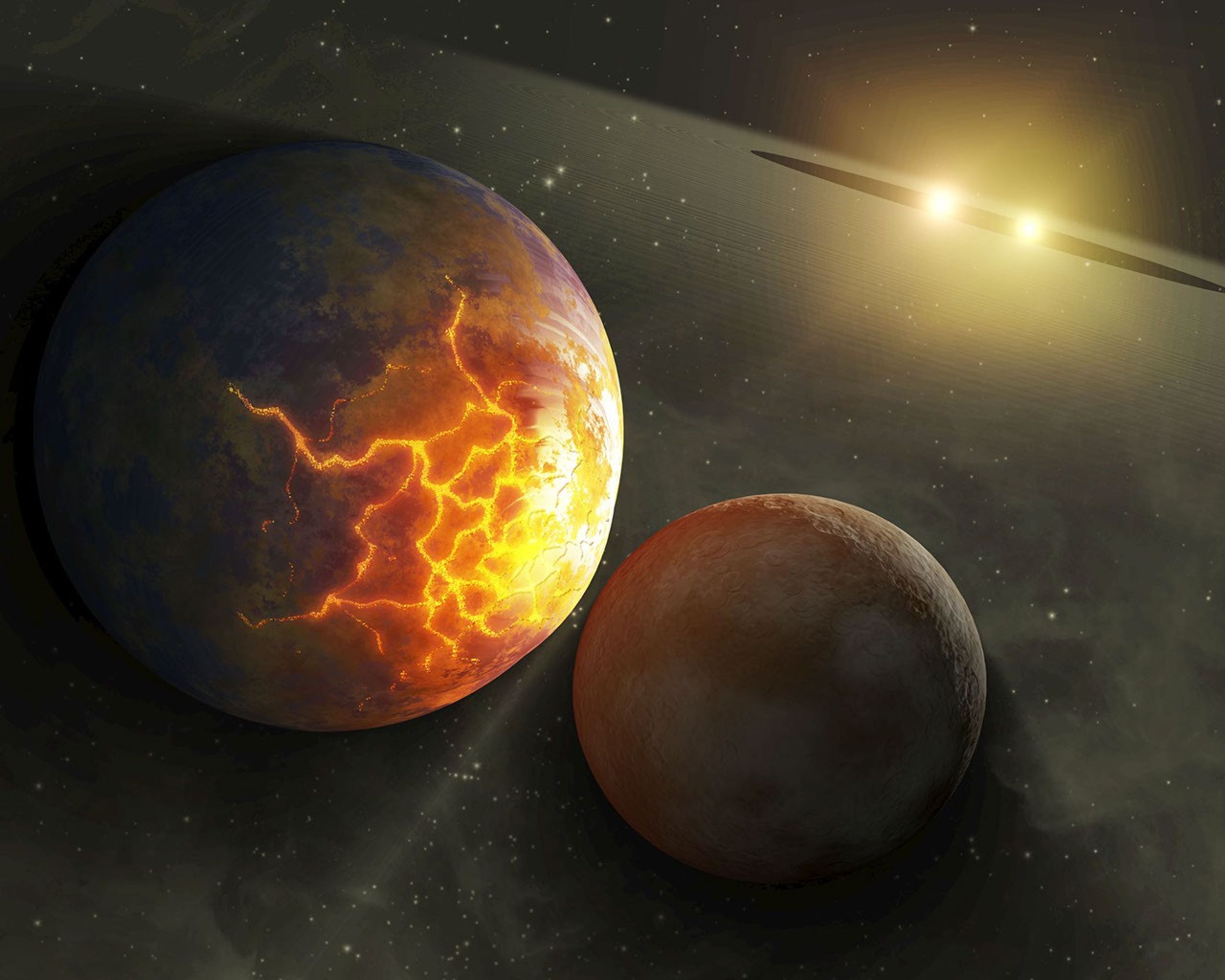 This artist's concept illustrates an imminent planetary collision around a pair of double stars. NASA's Spitzer Space Telescope found evidence that such collisions could be common around a certain type of tight double, or binary, star system.