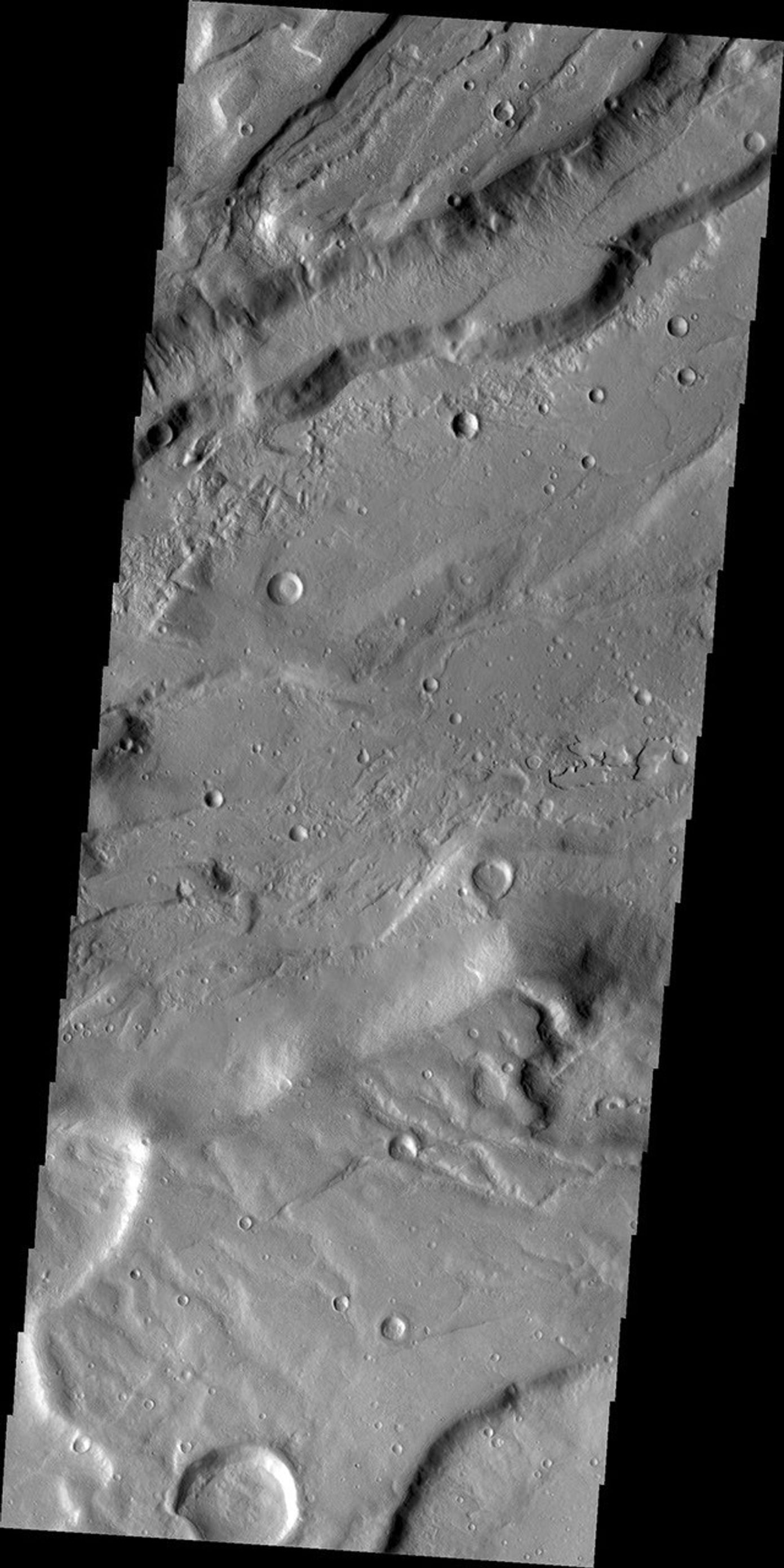 Large fractures have formed 'steps' in this region of Tempe Terra as seen by NASA's Mars Odyssey.