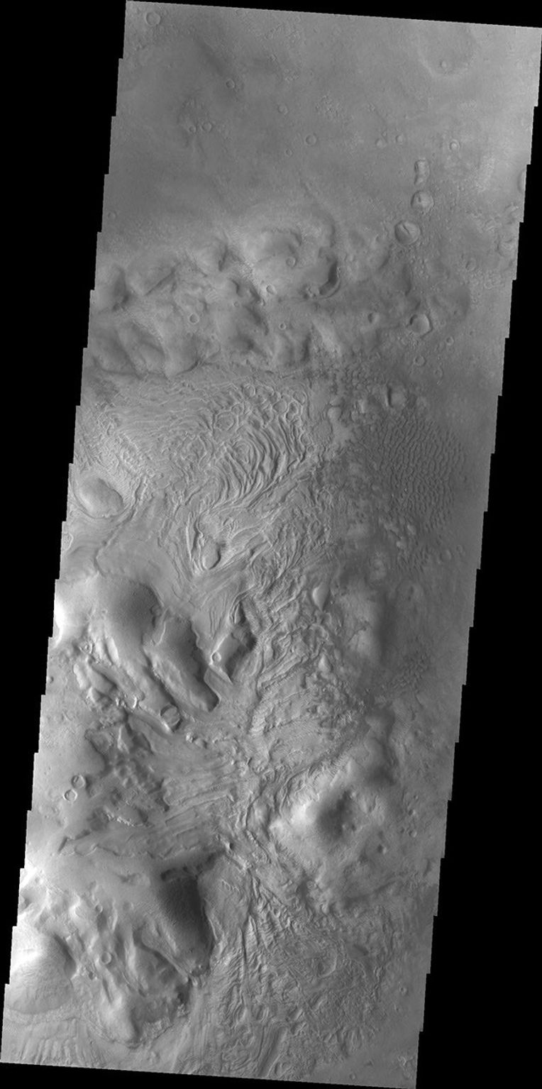 This image captured by NASA's Mars Odyssey on July 27, 2010, shows some of the dunes located on the floor of Moreaux Crater.