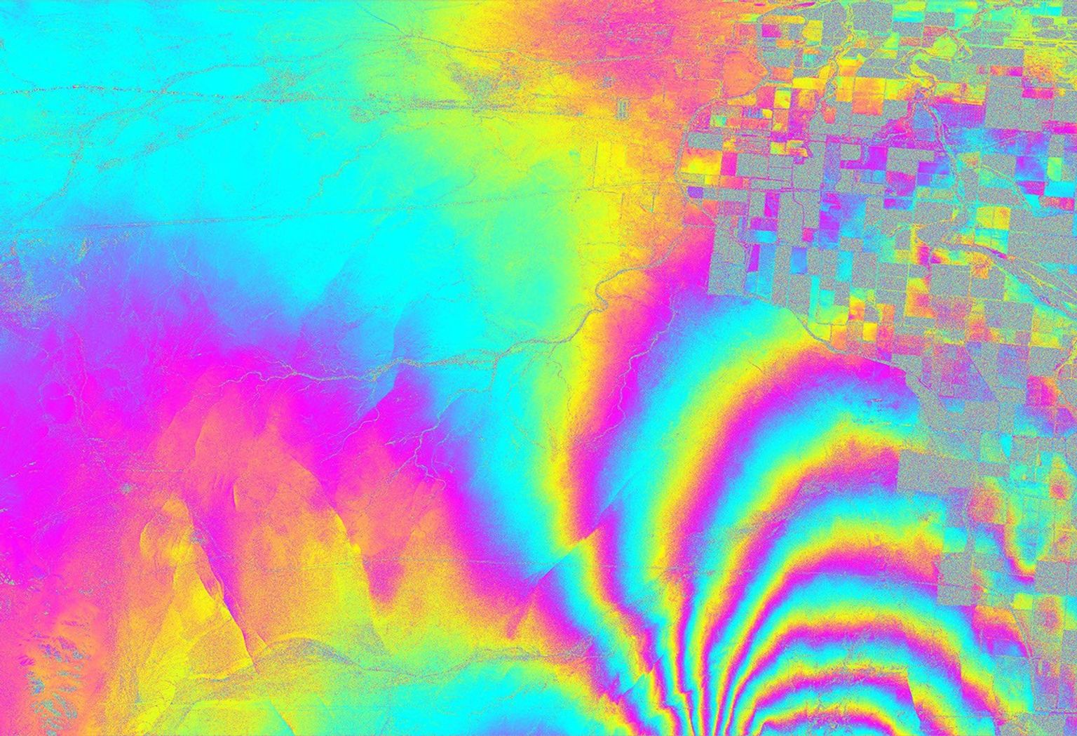 This radar image from NASA's Uninhabited Aerial Vehicle Synthetic Aperture Radar shows the deformed Earth caused by a 7.2 earthquake in Mexico's state of Baja California in 2010.
