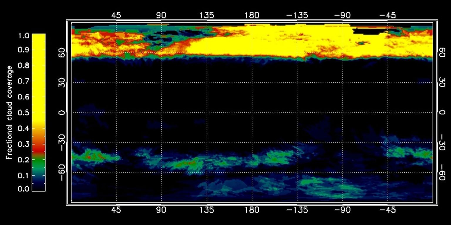 This graphic, constructed from data obtained by NASA's Cassini spacecraft, shows the percentage of cloud coverage across the surface of Saturn's moon Titan. The color scale from black to yellow signifies no cloud coverage to complete cloud coverage.