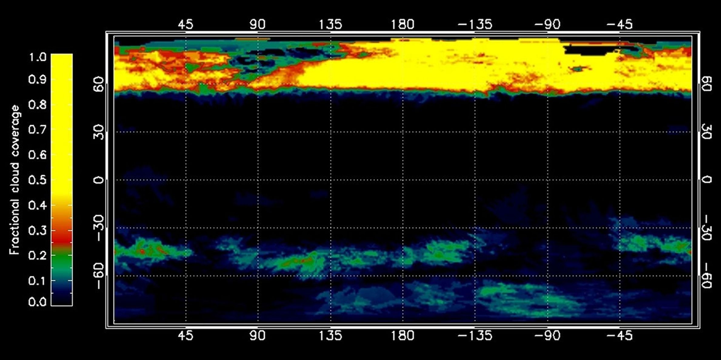 This graphic, constructed from data obtained by NASA's Cassini spacecraft, shows the percentage of cloud coverage across the surface of Saturn's moon Titan. The color scale from black to yellow signifies no cloud coverage to complete cloud coverage.