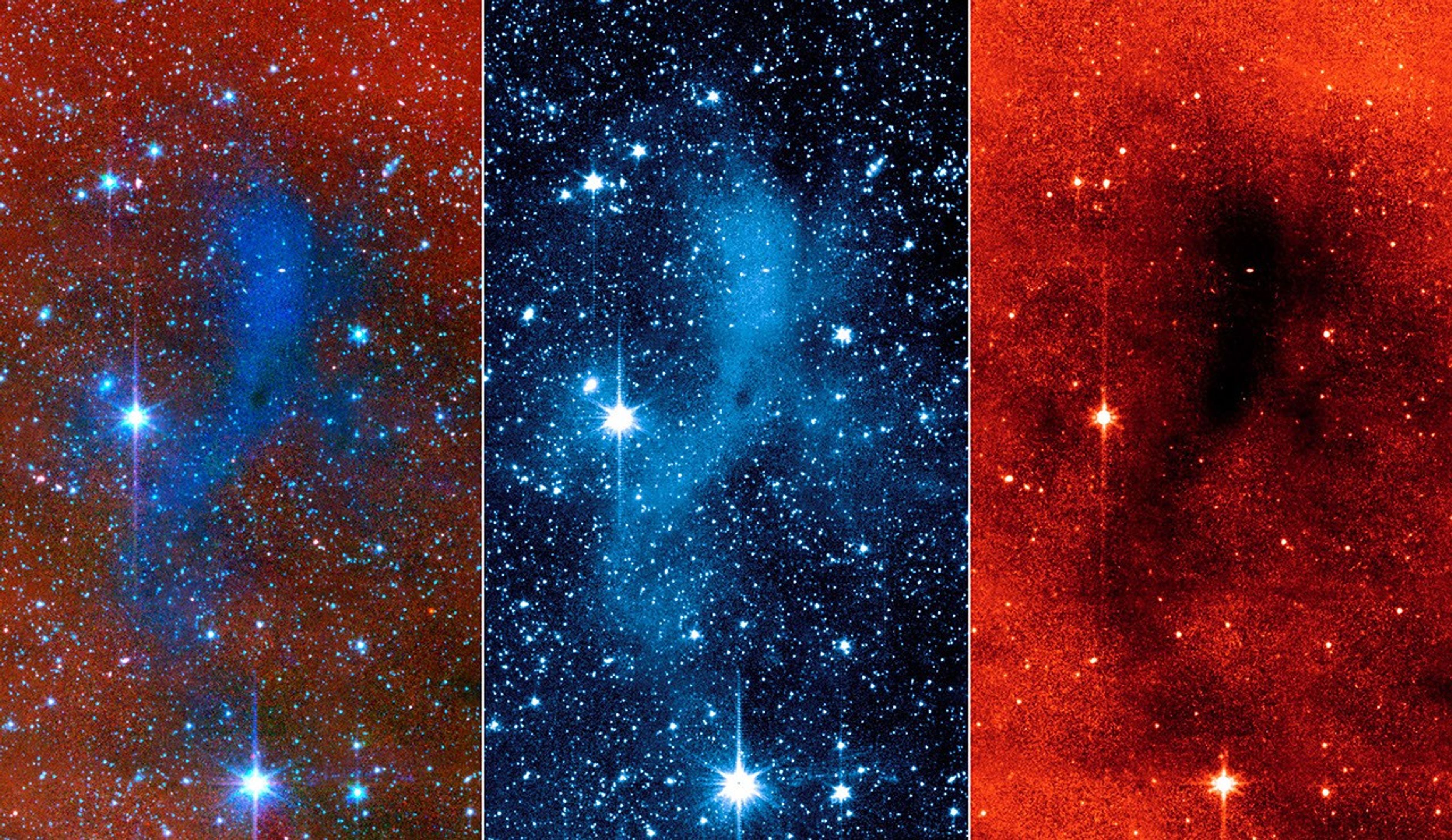 This series of images from NASA's Spitzer Space Telescope shows a dark mass of gas and dust, called a core, where new stars and planets will likely spring up. This particular core lies deep within a larger dark cloud called L183.