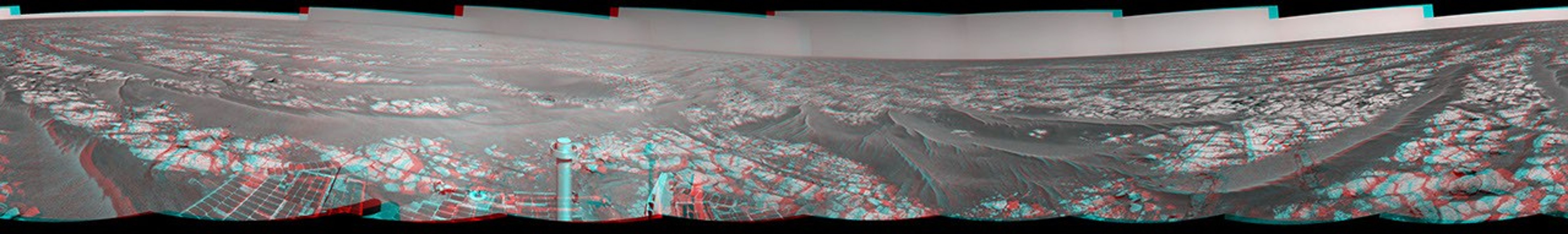 This stereo mosaic of images from NASA's Mars Exploration Rover Opportunity shows surroundings of the rover's location following an 81-meter (266-foot) drive east-northeastward on Sept. 16, 2010. 3D glasses are necessary to view this image.