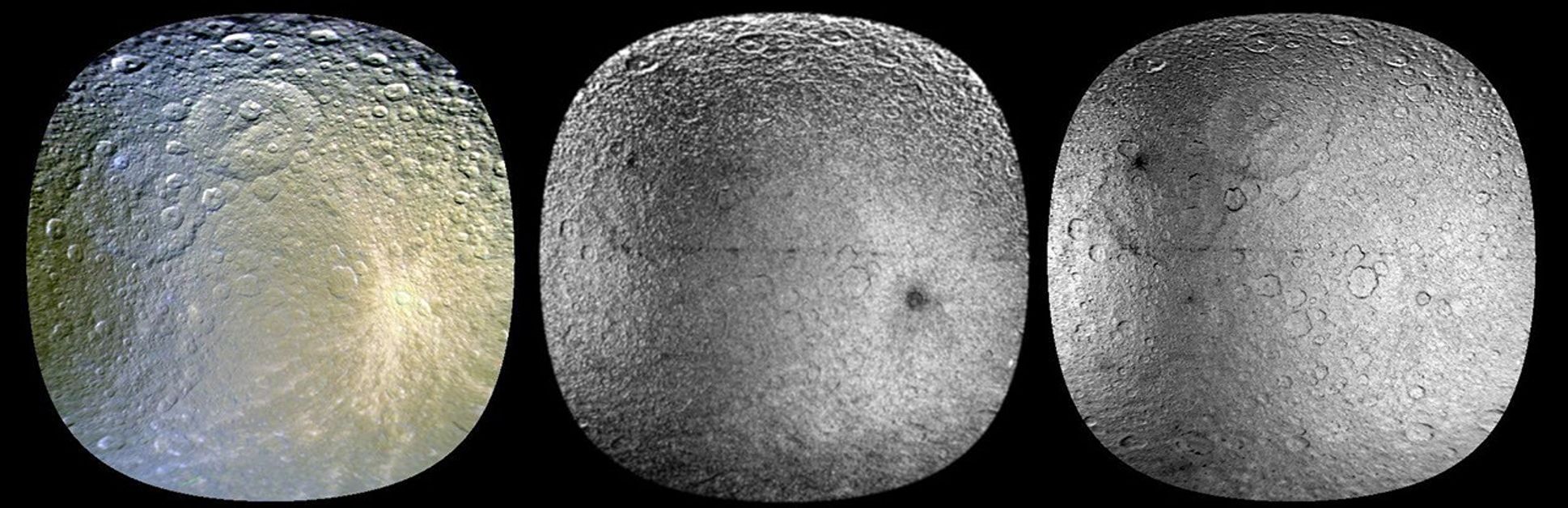 Three views of Saturn's moon Rhea made from data obtained by NASA's Cassini spacecraft, were enhanced to show colorful splotches and bands on the icy moon's surface. Scientists believe the reddish and bluish tints came from bombardments large and small.