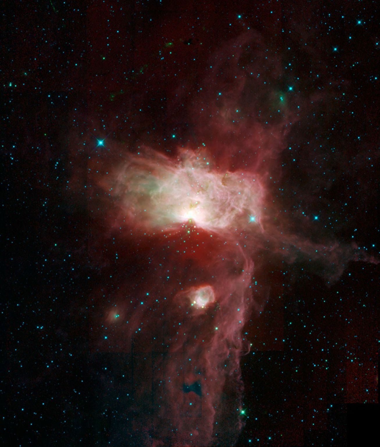 This mosaic image taken by NASA's Wide-field Infrared Survey Explorer, features three nebulae that are part of the giant Orion Molecular Cloud. Included in this view are the Flame nebula, the Horsehead nebula and NGC 2023.