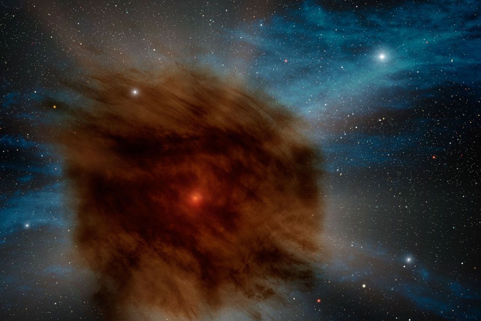 A giant star in a faraway galaxy recently ended its life with a dust-shrouded whimper instead of the more typical bang in this artist's concept based on data from Spitzer's Space Telescope.