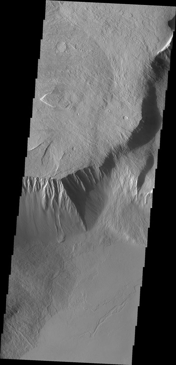 This image from NASA's Mars Odyssey shows the southeast flank of Olympus Mons. This huge volcano is surrounded by an escarpment, a large cliff at the volcano margin; a landslide lies alongside the escarpment.