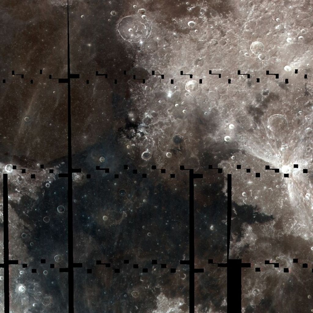 Composite, orbital view of the lunar surface with dark cool-toned, dark lava patches, pinkish-grey highlands, and bright crater rays. Some lines and boxes of plain black interrupt the mosaic.