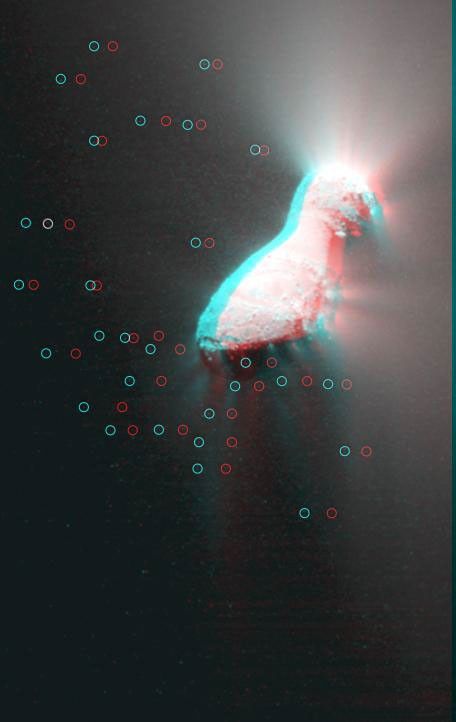 This 3-D image shows the region where NASA's Deep Impact mission sent a probe into the surface of comet Tempel 1 in 2005. This picture was taken six years after the Deep Impact collision. 3D glasses are necessary to view this image.