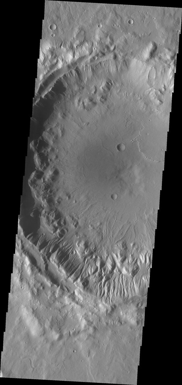 The southern rim of this unnamed crater in Tempe Terra is dissected by numerous gullies in this image captured by NASA's Mars Odyssey.