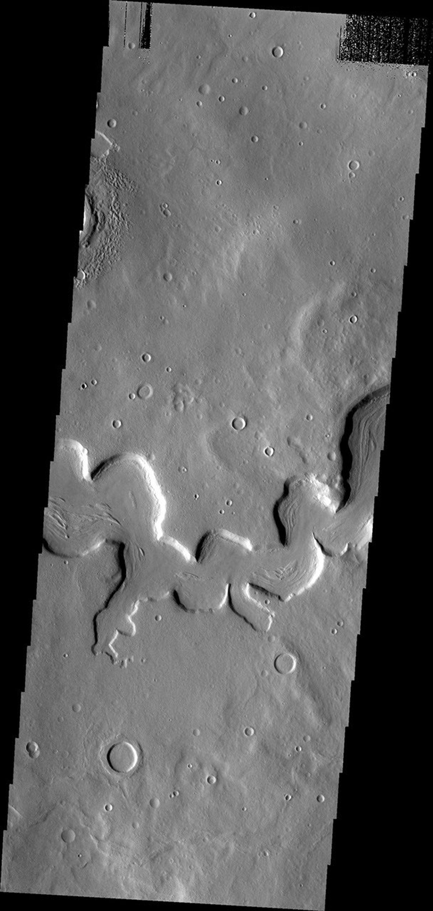 This unusual channel is located in northern Arabia Terra. This image from NASA's Mars Odyssey was captured on 2010-10-21 00:17.