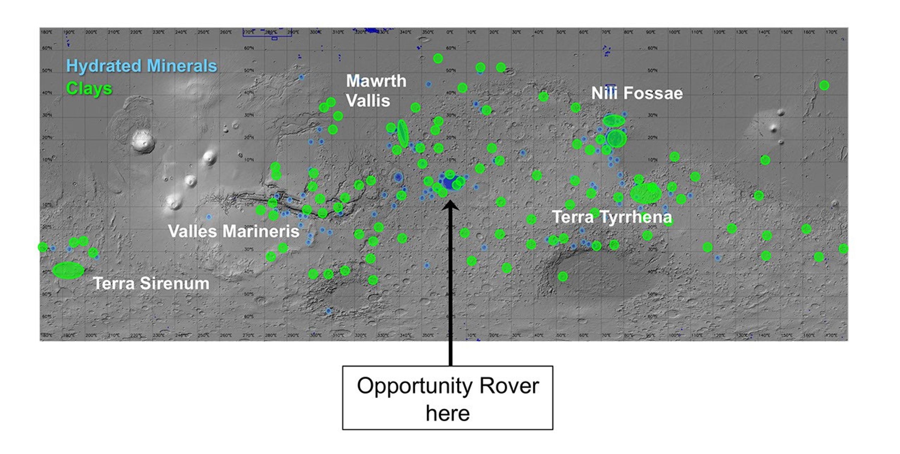 On this map of Mars, spectrometers on spacecraft orbiting Mars have detected clay minerals (green) and hydrated minerals-- clays, sulfates and others (blue).