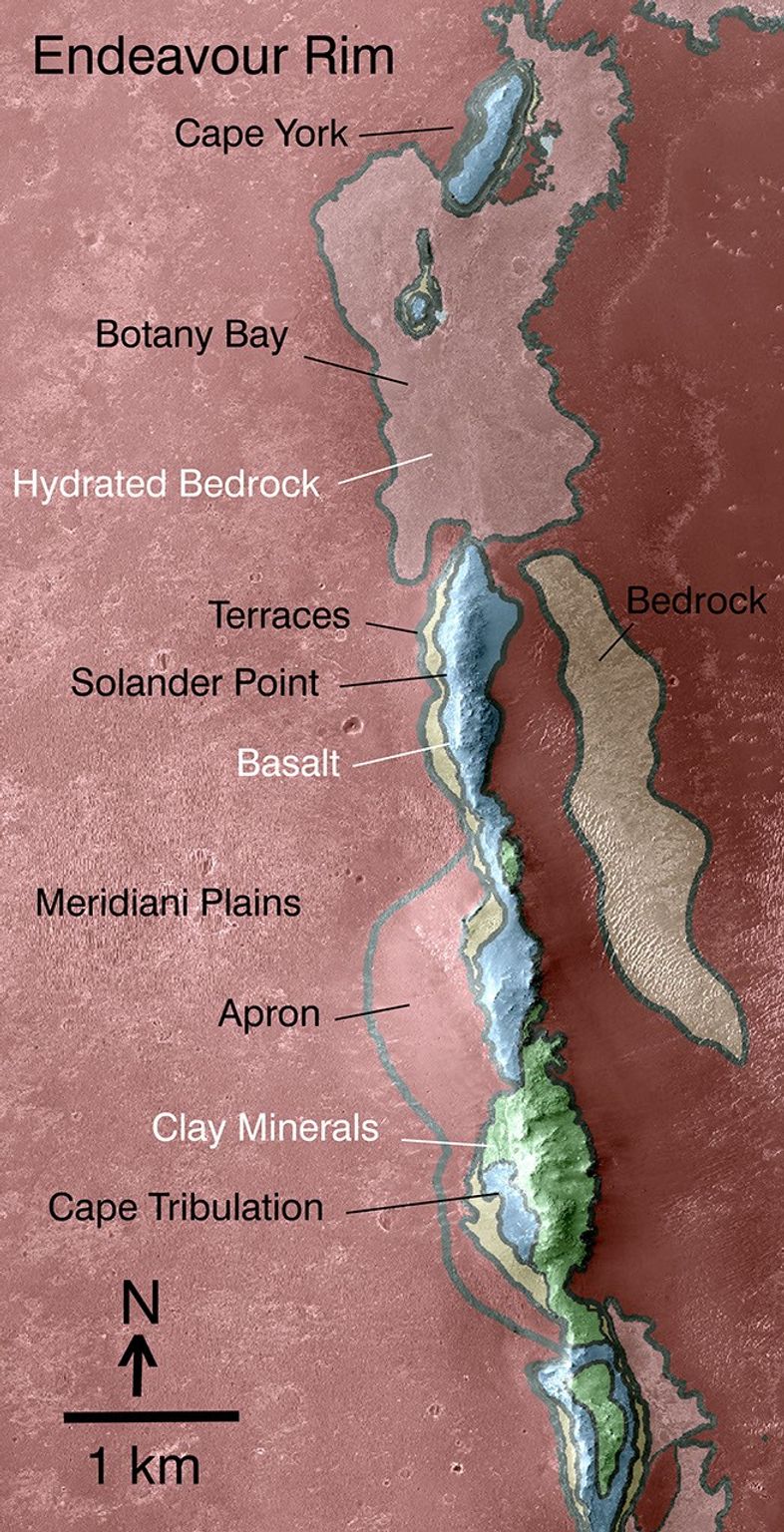 This map indicates some of the geological information gained from orbital observations of Endeavour Crater, which has been the long-term destination for NASA's Mars Exploration Rover Opportunity since mid-2008.