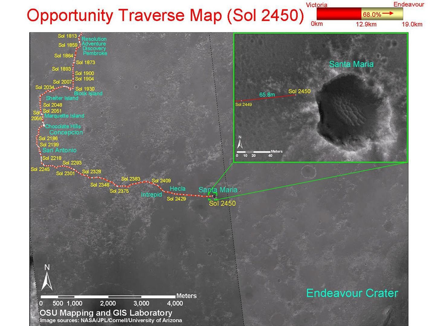 This map shows the path that NASA's Mars Exploration Rover Opportunity followed from the 1,813th Martian day, or sol, to Sol 2450 (Dec. 15, 2010) when Opportunity approached a crater informally named 'Santa Maria.'