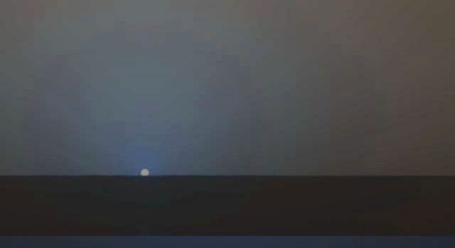 The sun descends to the Martian horizon and sets in this image from the panoramic camera (Pancam) on NASA's Mars Exploration Rover Opportunity. A movie is available at the Photojournal.