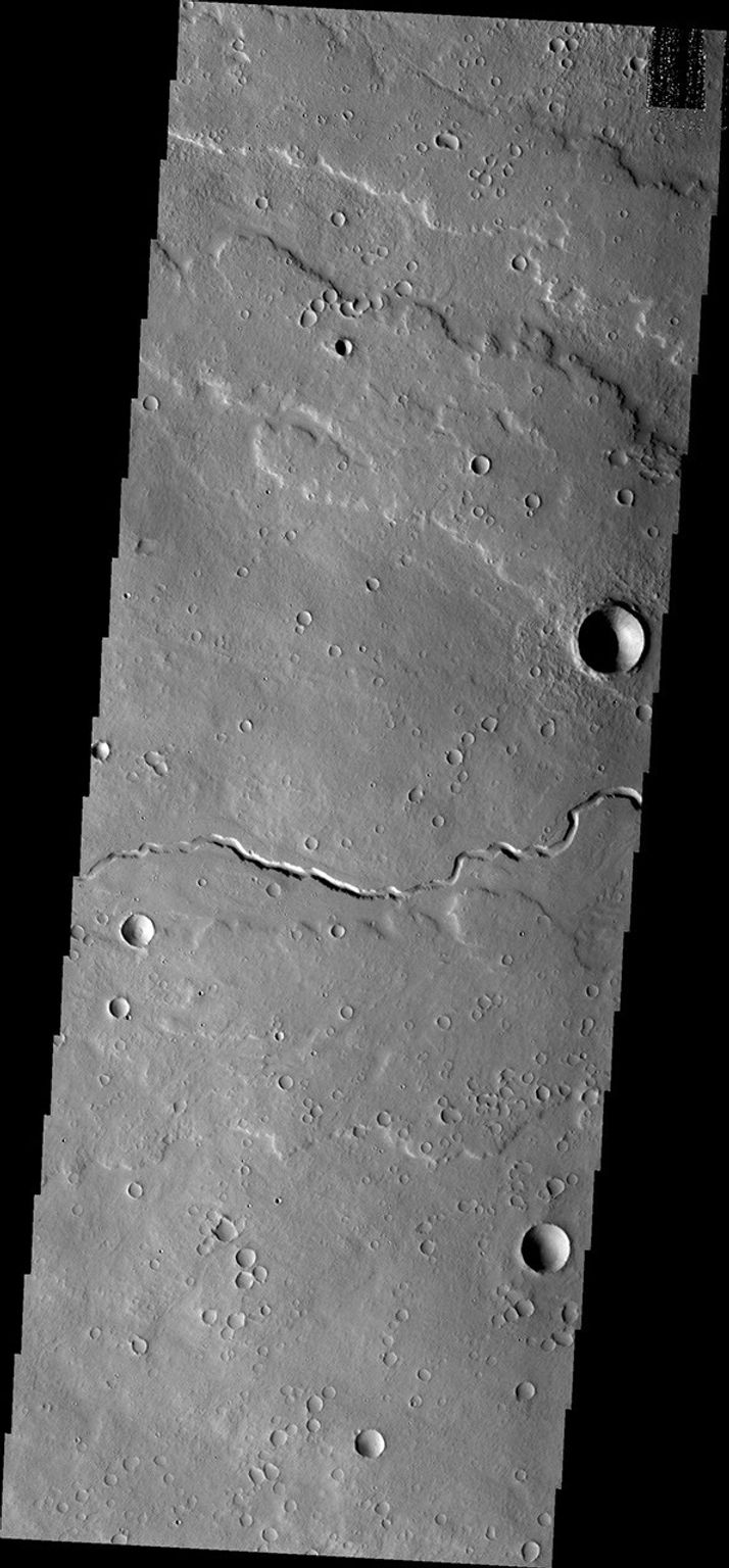 This channel is located in the volcanic flows north of Olympus Mons as seen by NASA's Mars Odyssey.