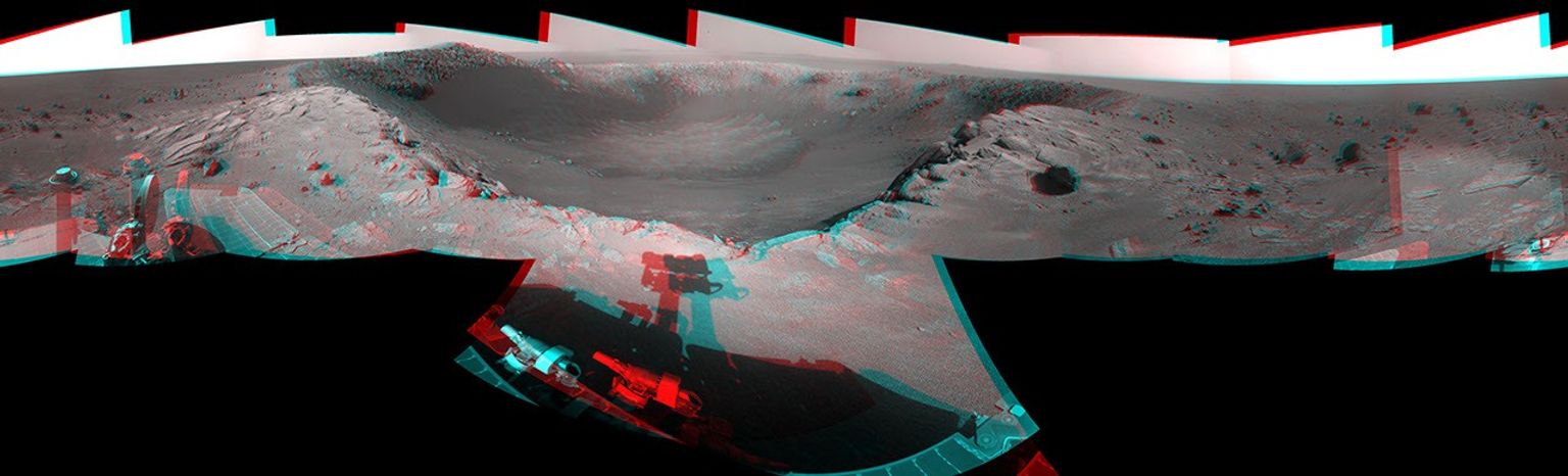 This 360-degree, stereo mosaic of images from NASA's Mars Exploration Rover Opportunity shows the view from the western rim of 'Santa Maria' crater on Dec. 19, 2010. 3D glasses are necessary to view this image.