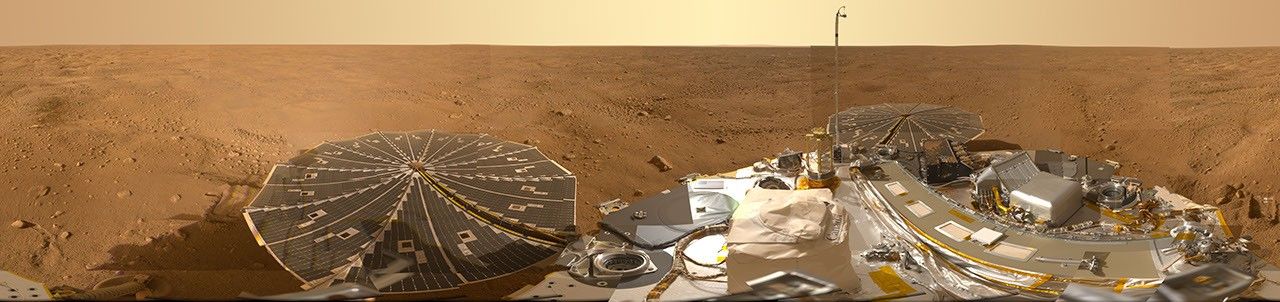 This view combines hundreds of images taken during the first several weeks after NASA's Phoenix Mars Lander arrived on an arctic plain on Mars. The landing was on May 25, 2008.
