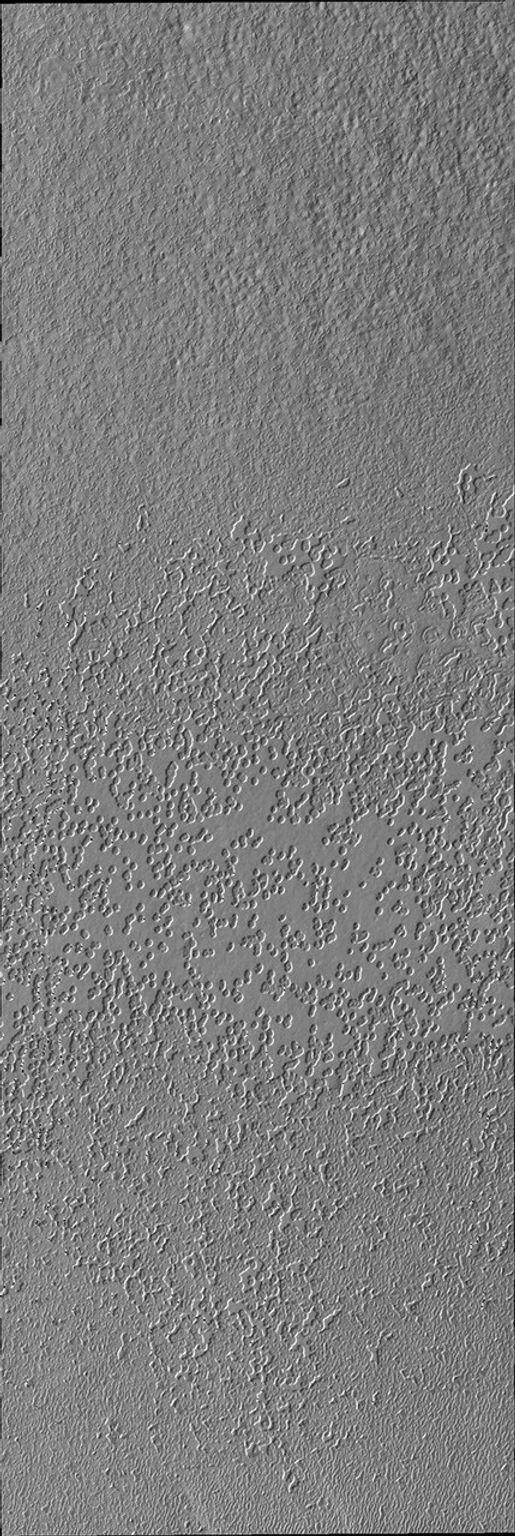 The pitted appearance of the south polar cap ice in this image from NASA's Mars Odyssey is similar to the appearance of a slice of swiss cheese.