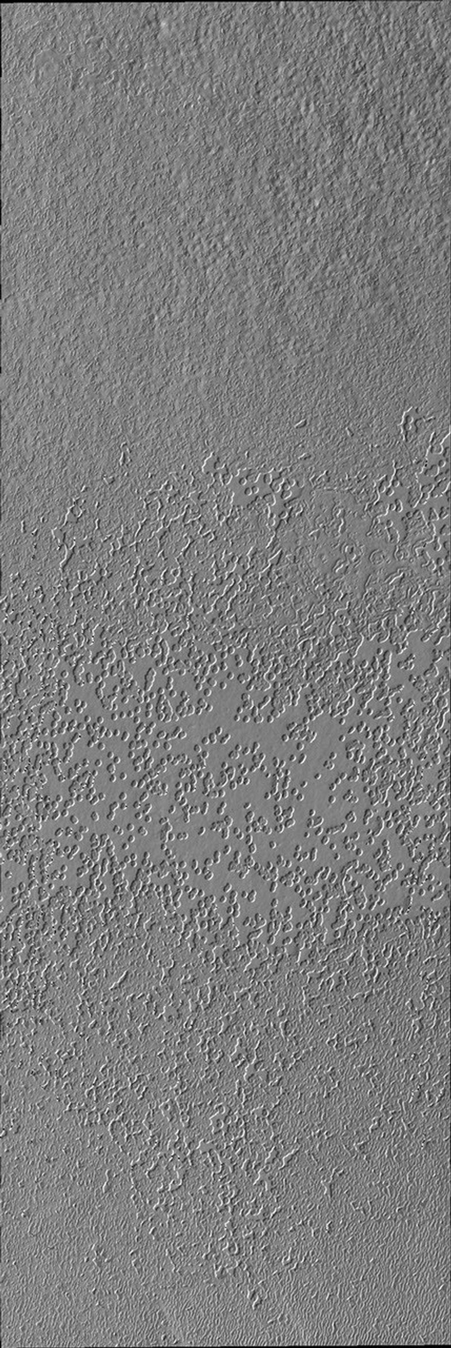 The pitted appearance of the south polar cap ice in this image from NASA's Mars Odyssey is similar to the appearance of a slice of swiss cheese.