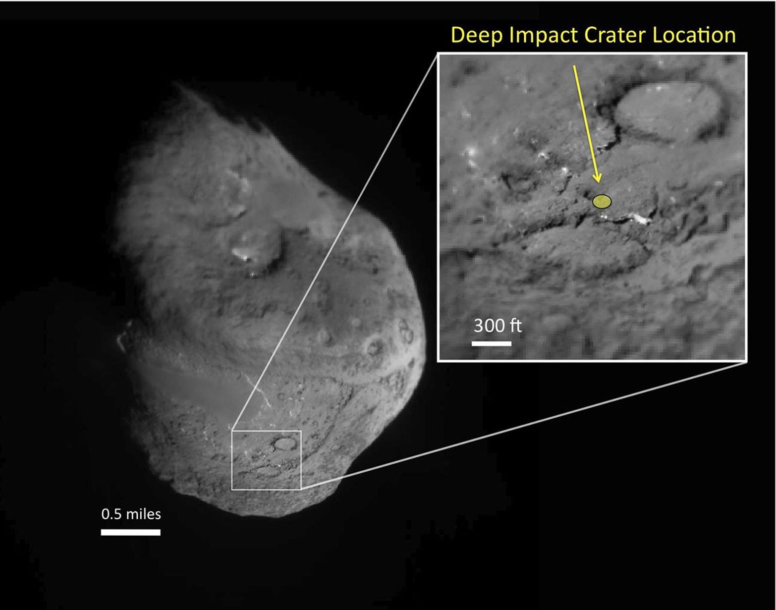 This pair of images shows the area affected by the impactor released by NASA's Deep Impact spacecraft in July 2005.