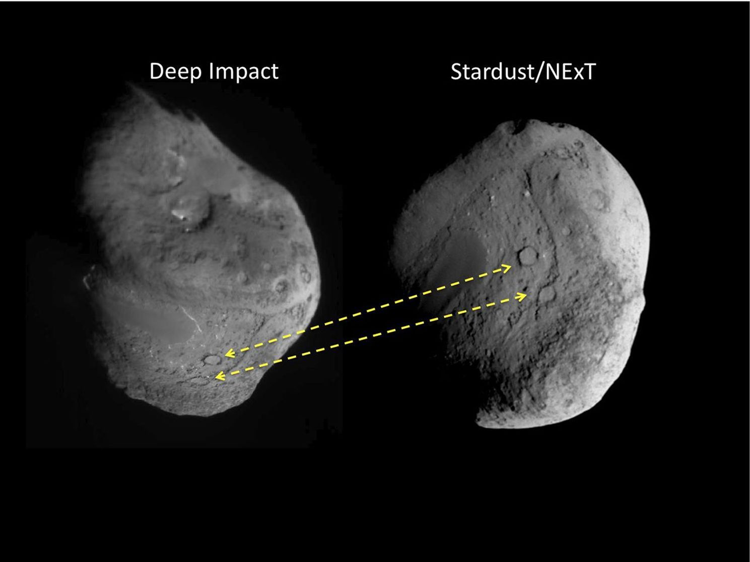 These two images show the different views of comet Tempel 1 seen by NASA's Deep Impact spacecraft (left) and NASA's Stardust spacecraft (right).