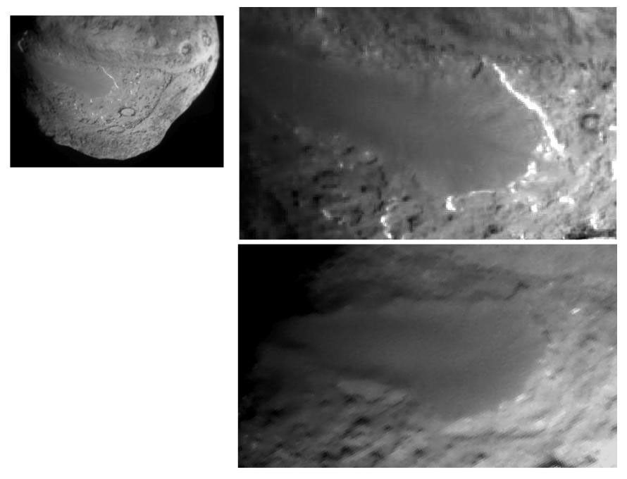 This image layout depicts changes in the surface of comet Tempel 1, observed first by NASA's Deep Impact Mission in 2005 (top right) and again by NASA's Stardust-NExT mission on Feb. 14, 2011 (bottom right).