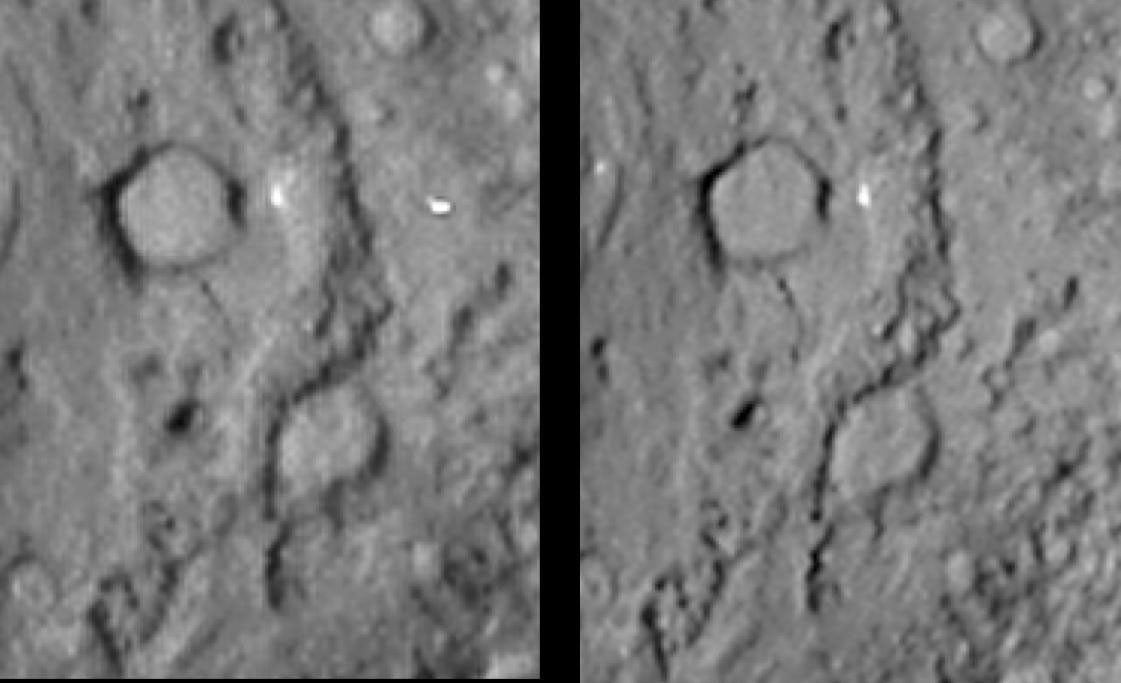 This pair of images shows the before-and-after comparison of the part of comet Tempel 1 that was hit by the impactor from NASA's Deep Impact spacecraft.