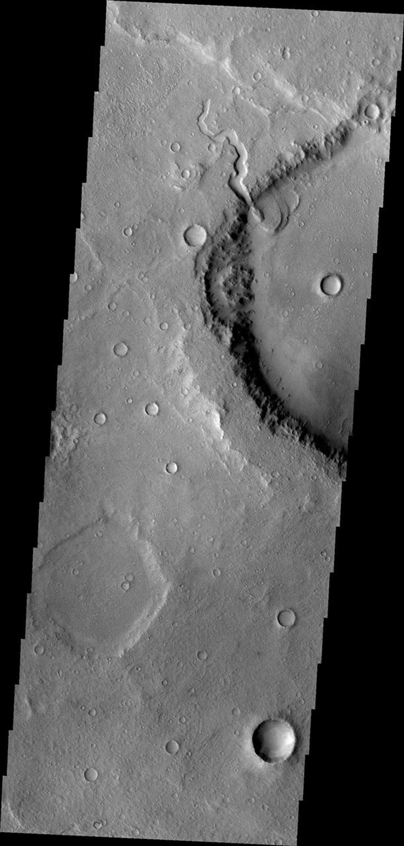 This unnamed crater in northern Terra Cimmeria has a small channel that created a delta feature. Such features are important indicators of liquid water in Mars' past as shown in this image from NASA's Mars Odyssey.