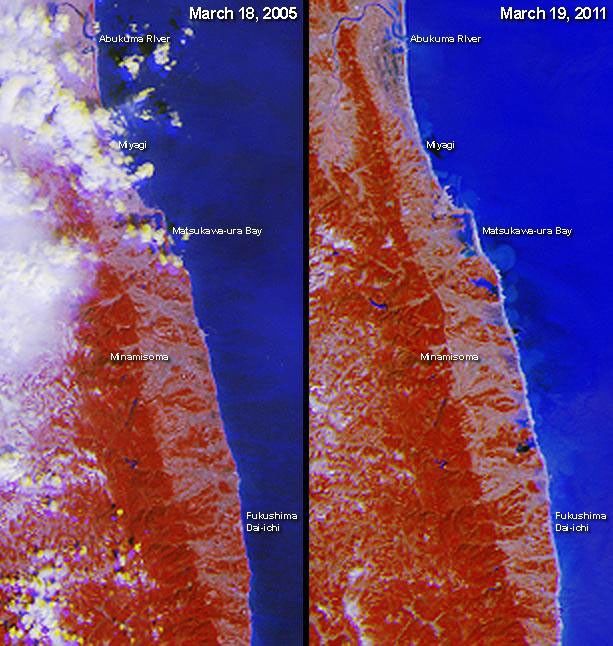 This image pair from NASA's Terra spacecraft includes the area around the damaged Fukushima Dai-ichi nuclear power facility and extends northward along the coast.