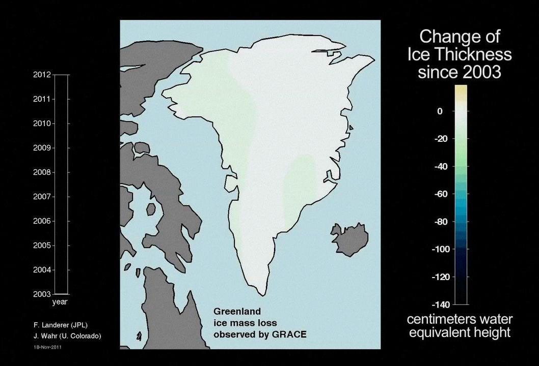 This frame from an animation based on data from NASA's Grace satellite shows dramatic changes in Greenland's ice mass from 2003 through 2011 revealing how much ice has been lost and gained each year.