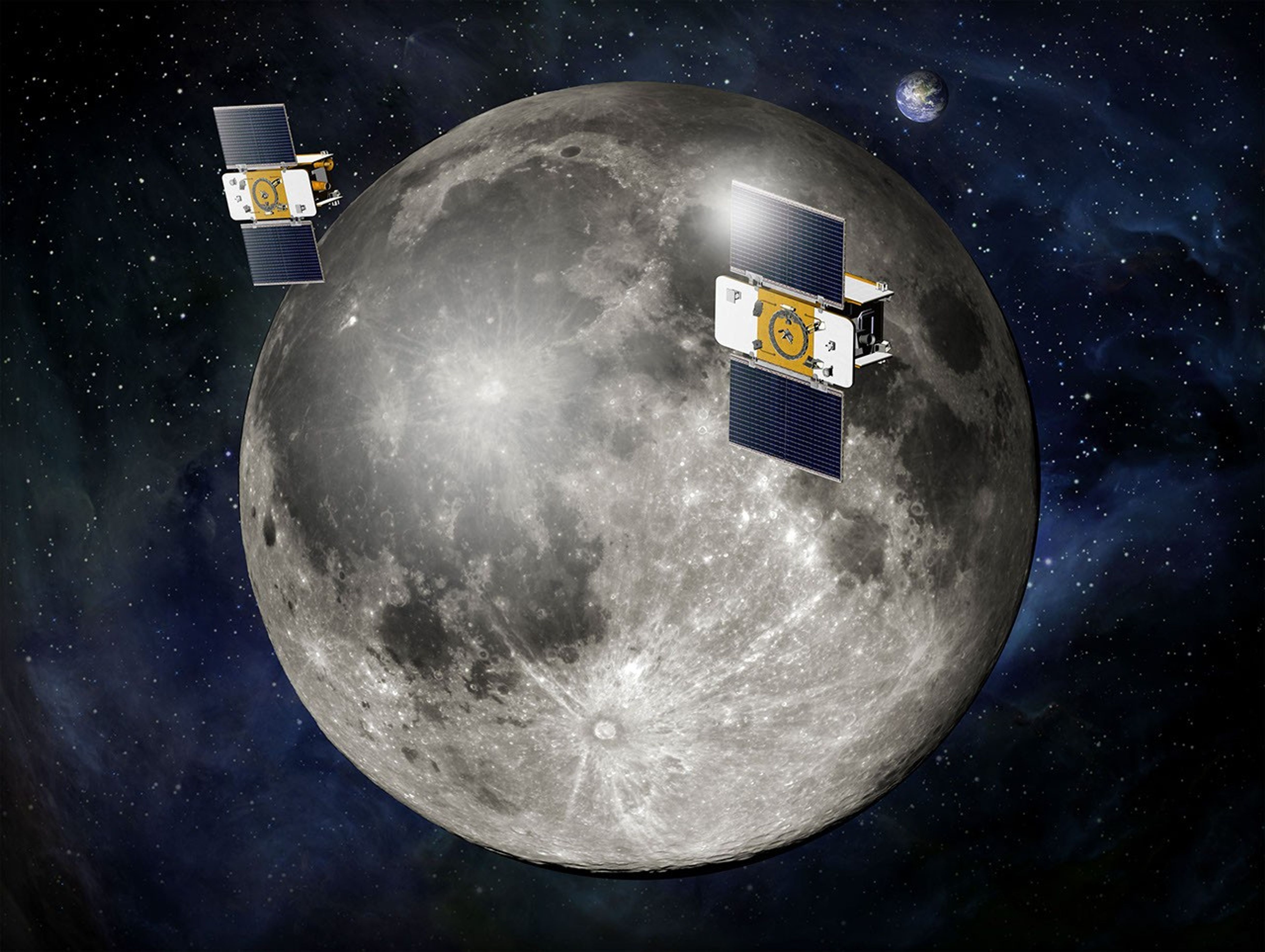 Using a precision formation-flying technique, NASA's twin GRAIL spacecraft will map the moon's gravity field. This is an artist's concept.