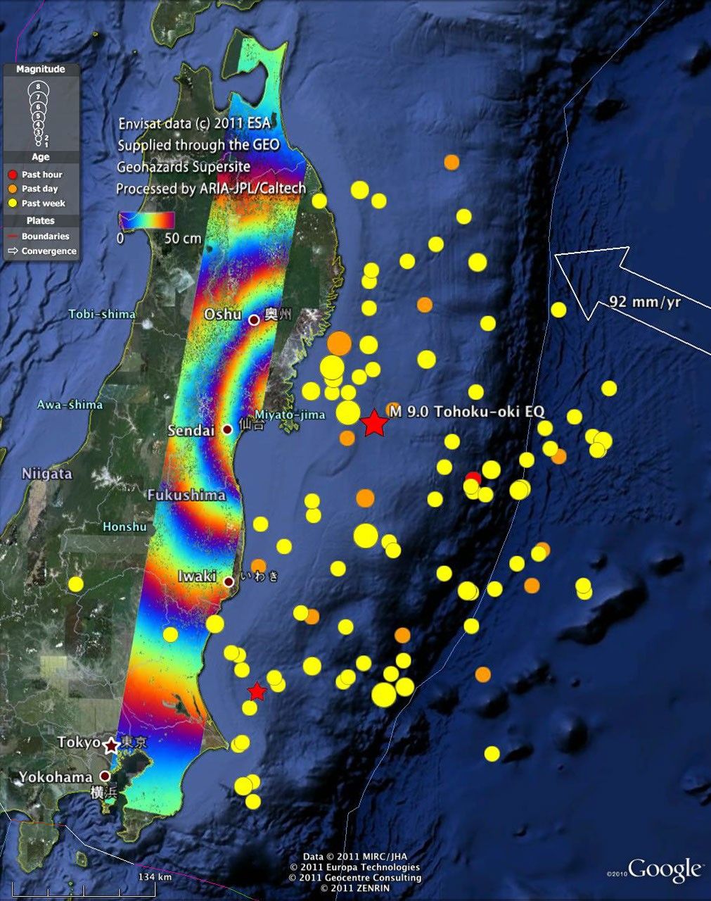 Satellite Radar Measures Tohoku, Japan Earthquake (Google Overlay