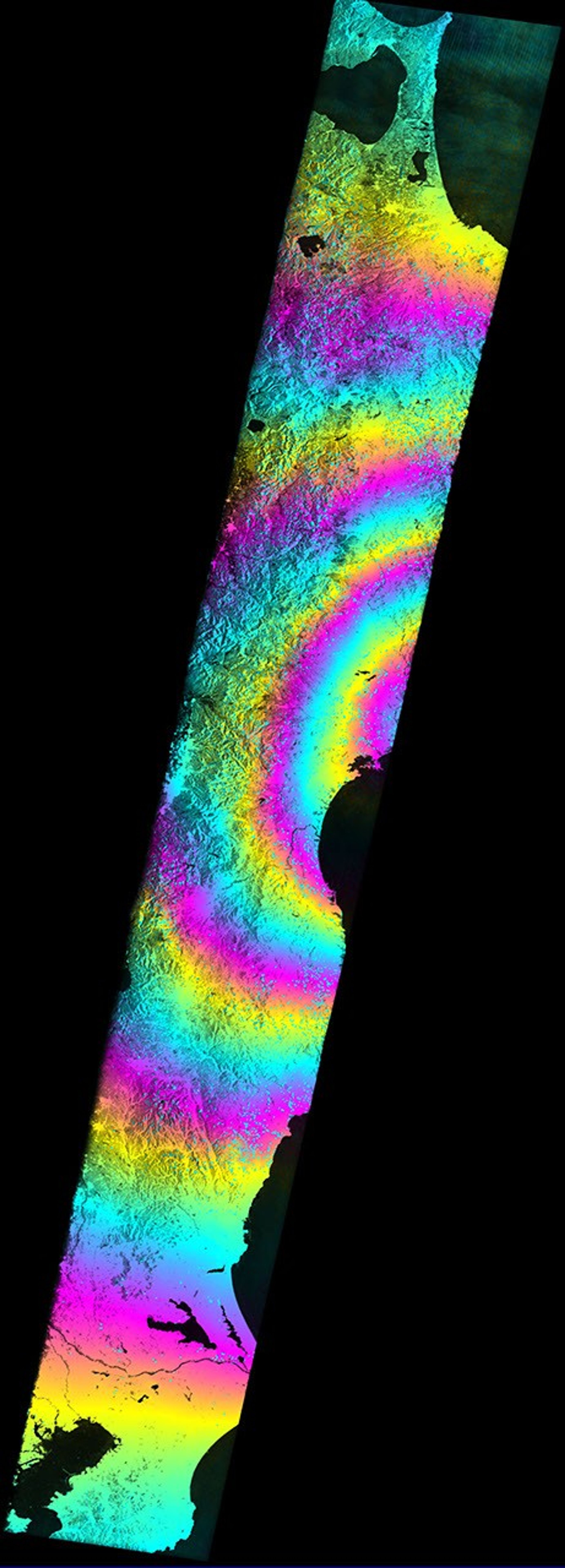 This radar image, called a coseismic interferogram, using satellite data from the European Space Agency's Envisat depicts ground displacements resulting from the March 11, 2011, magnitude 9.0 Tohoku earthquake in Japan.