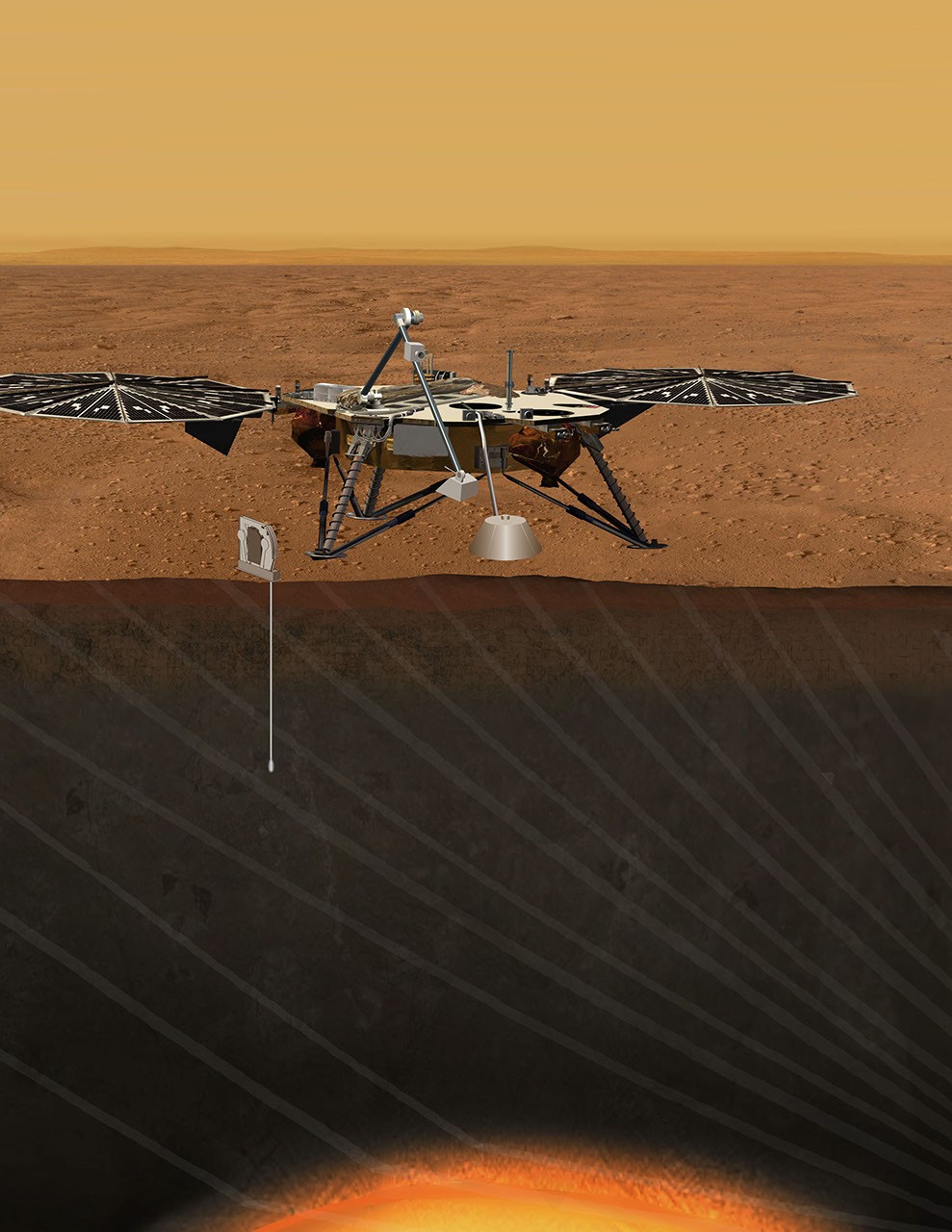 An artist's concept portrays the proposed Geophysical Monitoring Station mission for studying the deep interior of Mars.