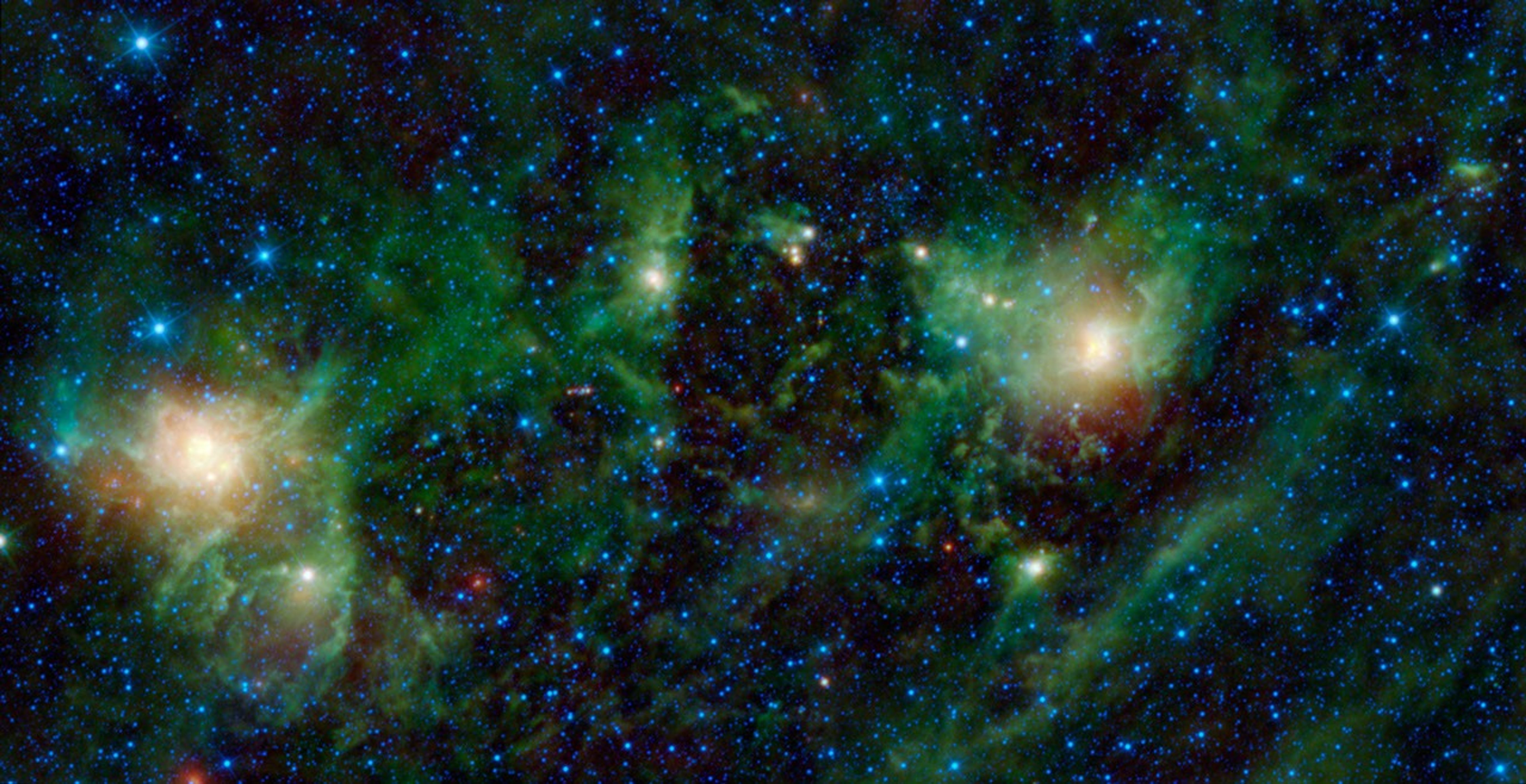 This image from NASA's Wide-field Infrared Survey Explorer, shows three different nebulae located in the constellation of Perseus. NGC 1491 is seen on the right side of the image, SH 2-209 is on the left side and BFS 34 lies in between.