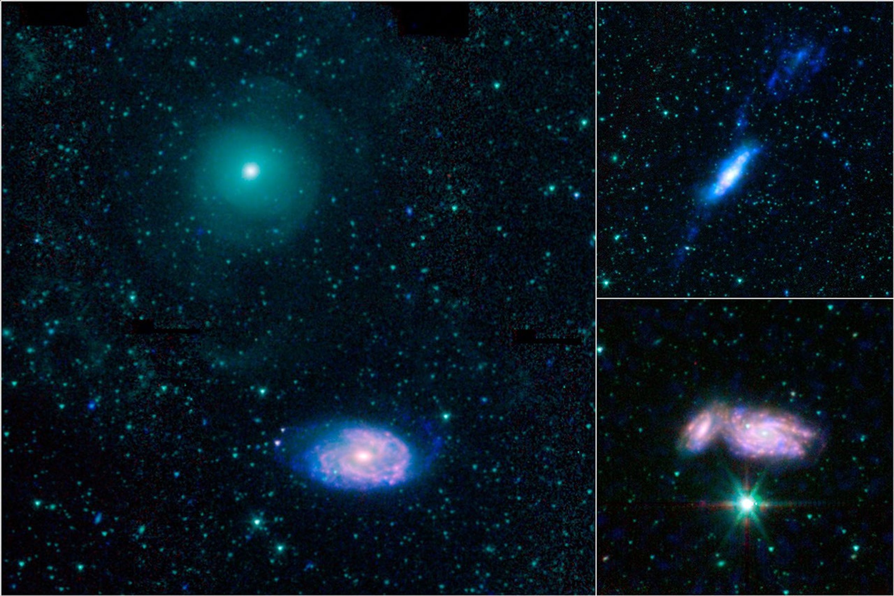 This montage combines observations from NASA's Spitzer Space Telescope and NASA's Galaxy Evolution Explorer (GALEX) spacecraft showing three examples of colliding galaxies from a new photo atlas of galactic 'train wrecks.'