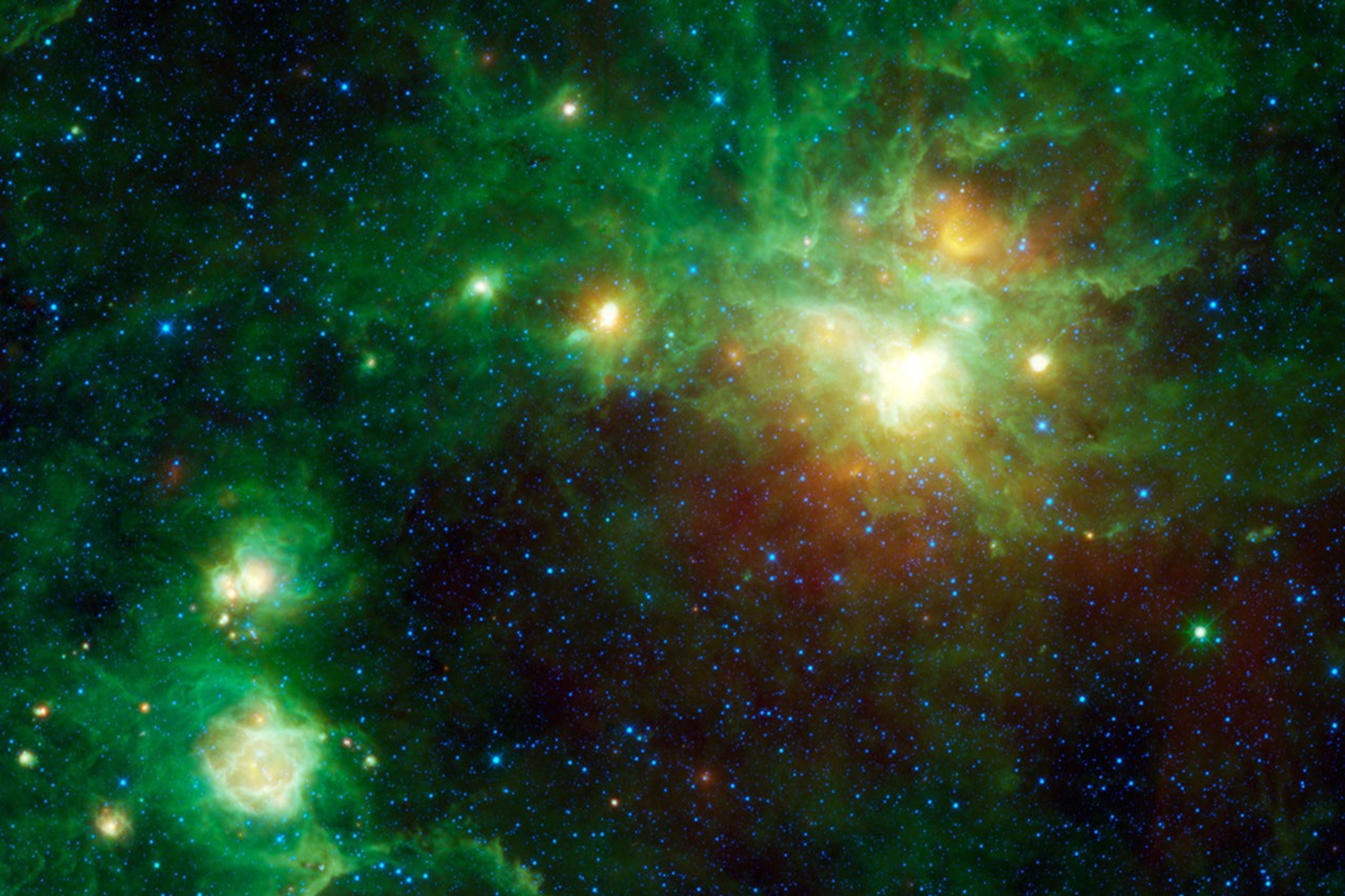 This image from NASA's Wide-field Infrared Survey Explorer highlights several star-forming regions. There are five distinct centers of star birth in this one image alone. The largest, brightest cloud, in the upper right is known as Gum 22.