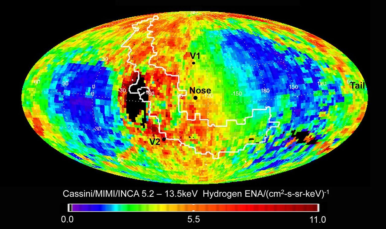 Data from NASA's Cassini spacecraft have enabled scientists to create this map of the heliosphere, the bubble of charged particles around our sun. Charged particles stream out from our sun in a phenomenon known as solar wind.