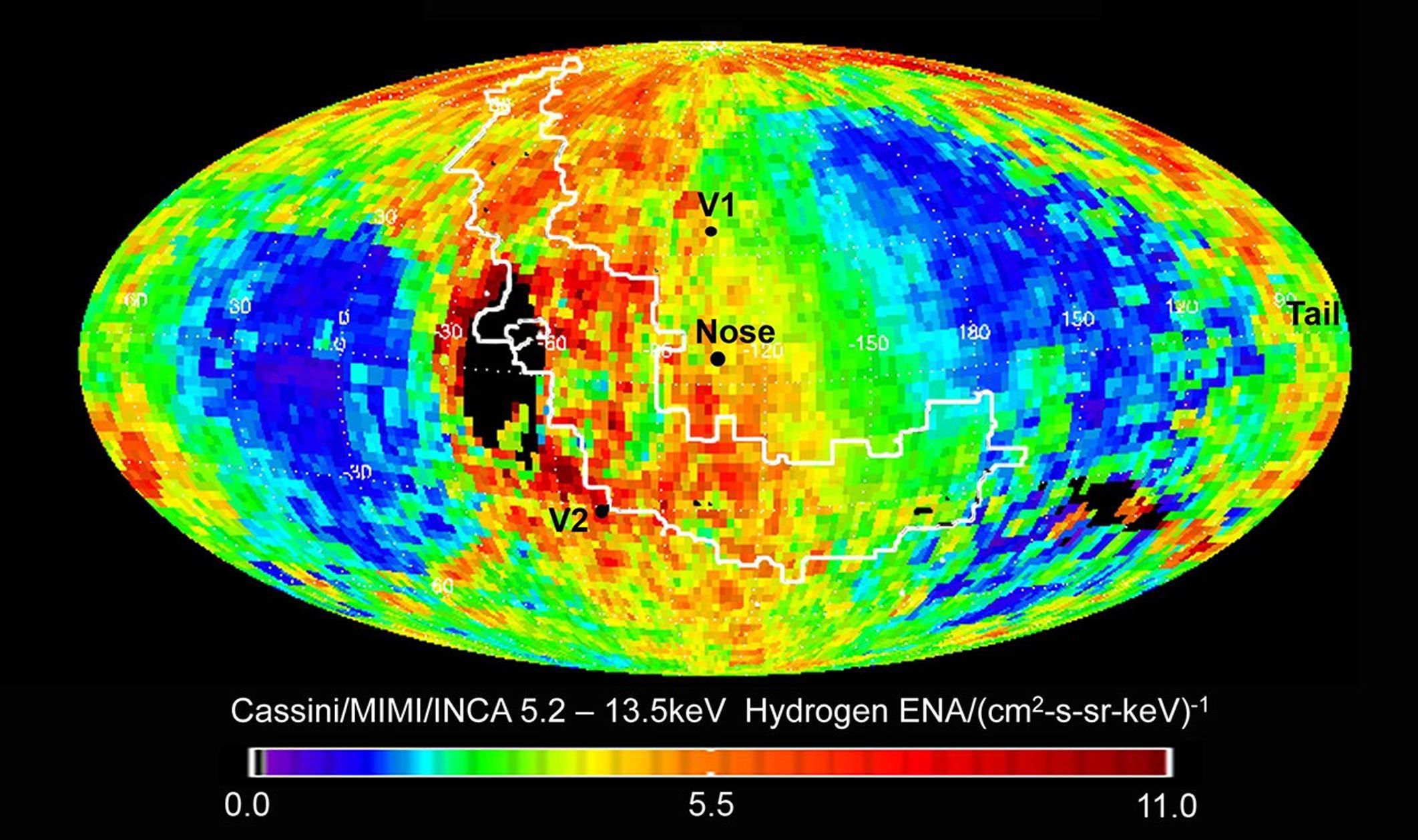 Data from NASA's Cassini spacecraft have enabled scientists to create this map of the heliosphere, the bubble of charged particles around our sun. Charged particles stream out from our sun in a phenomenon known as solar wind.