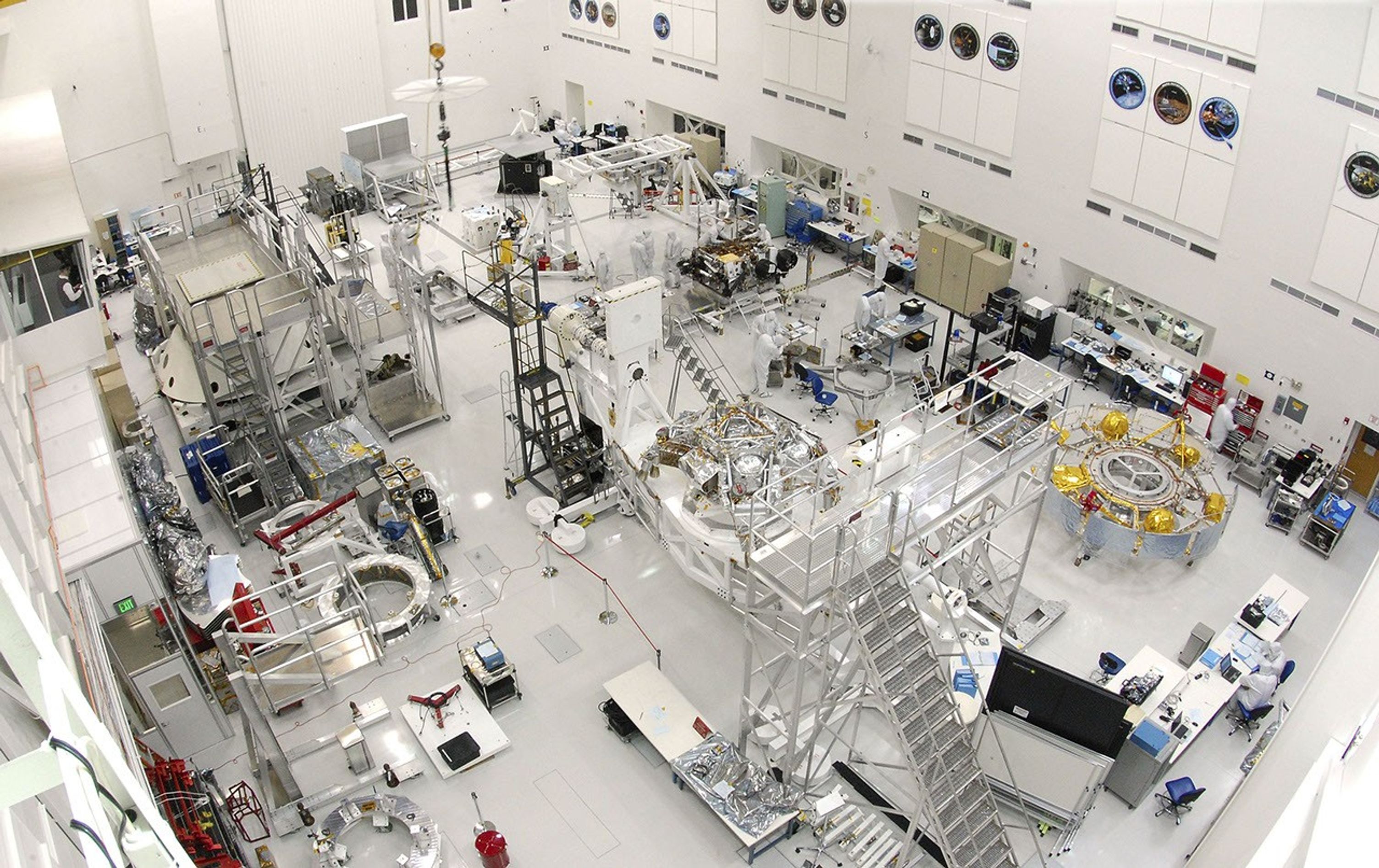 This wide-angle view shows the High Bay 1 cleanroom inside the Spacecraft Assembly Facility at NASA's Jet Propulsion Laboratory, Pasadena, Calif. Specialists are working on components of NASA's Mars Science Laboratory spacecraft.
