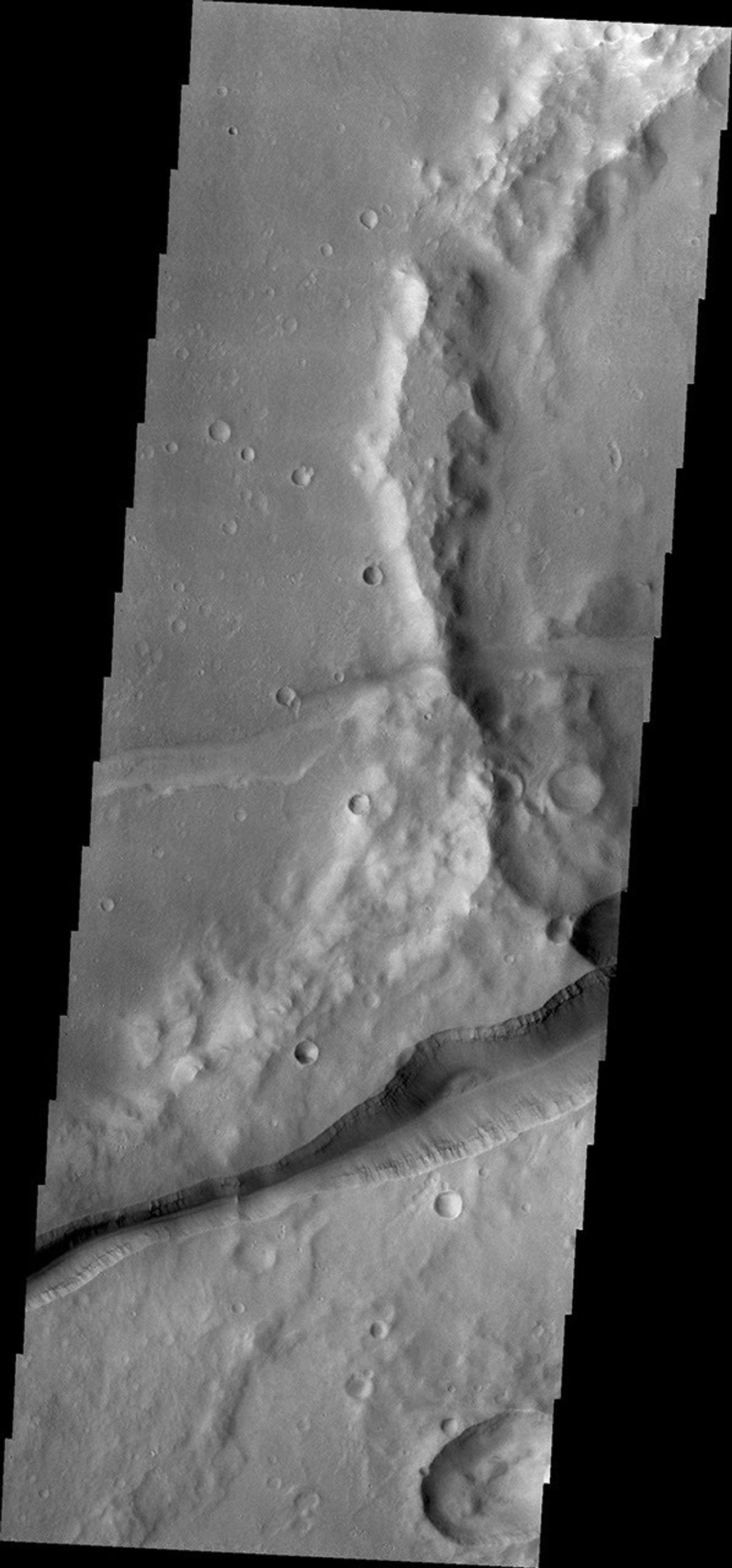 Huge fractures cutting through the surface of Terra Sirenum are called Memnonia Fossae. The term fossa(e) means linear depression. This image is from NASA's 2001 Mars Odyssey.