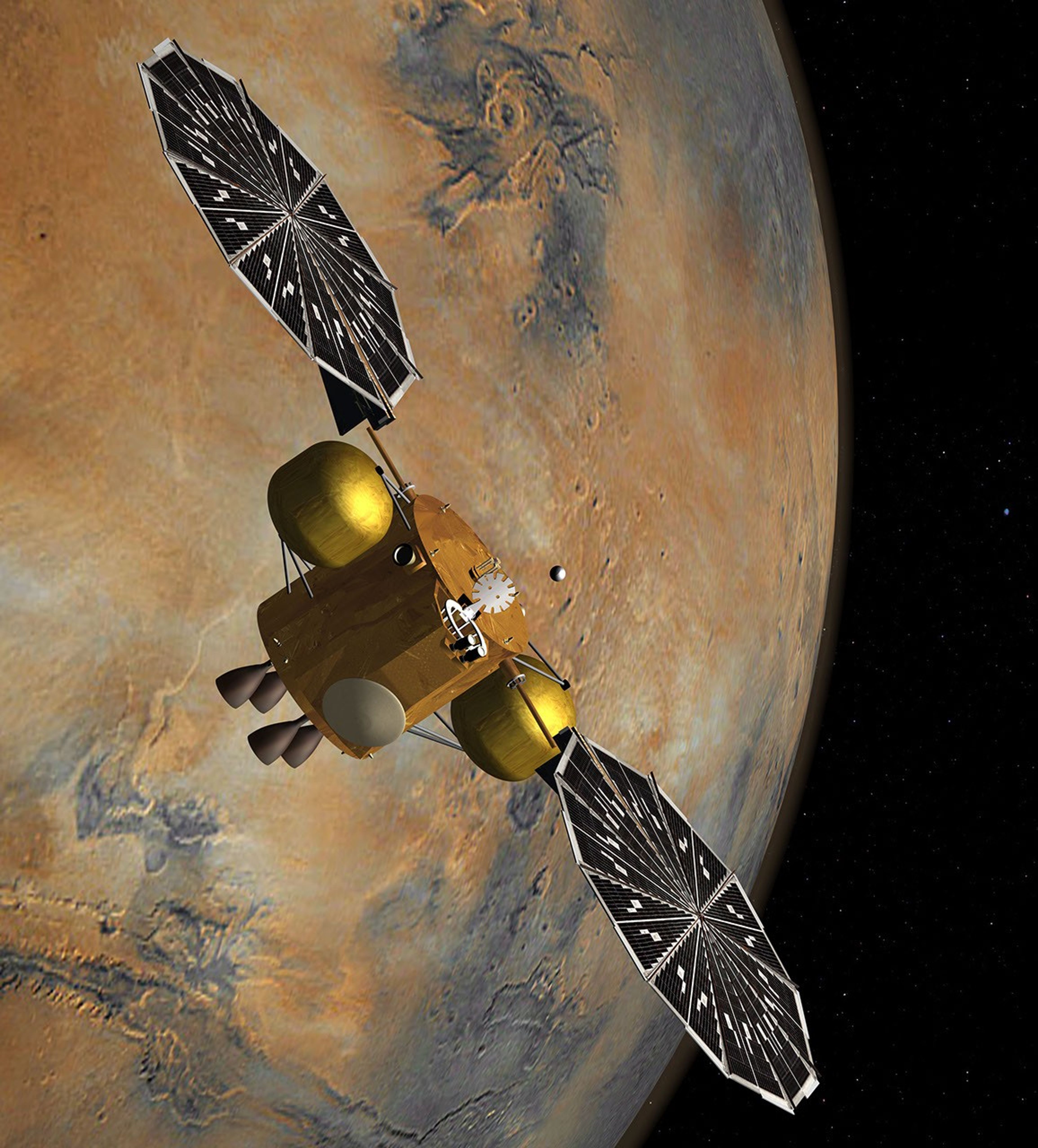 This artist's concept of a proposed Mars sample return mission portrays the capture of a collection of Martian samples by a spacecraft orbiting Mars. The samples would have been collected on Mars by a rover and lifted to orbit by an ascent vehicle.