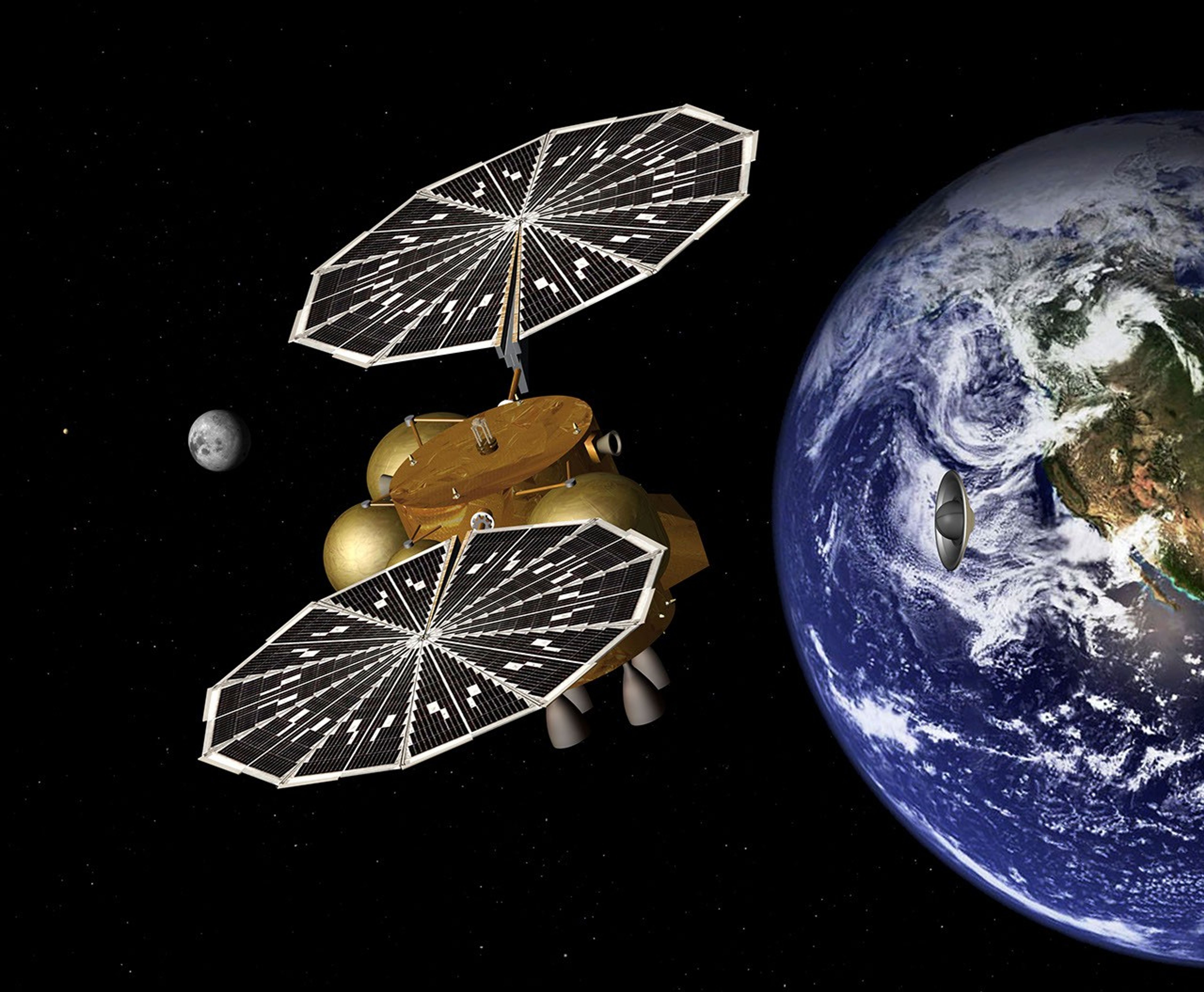 This artist's concept of a proposed Mars sample return mission portrays the separation of an Earth entry vehicle, bearing a container of Martian rock samples, from the main spacecraft that would have carried it from Martian orbit nearly to Earth.