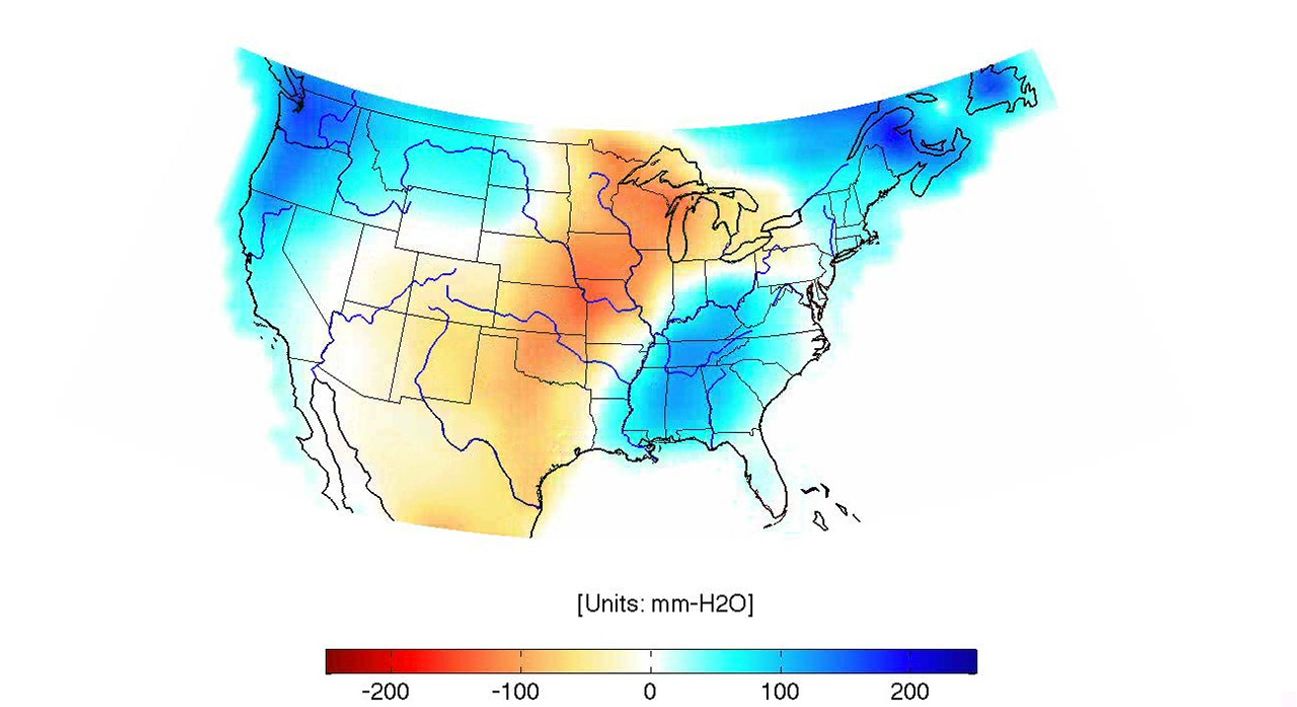 This frame from NASA's Grace animation illustrates the highs and lows of combined land water storage (includes snow, soil moisture, and surface water) over the continental United States.